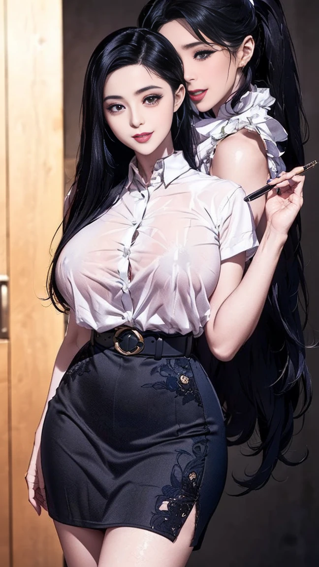 Beautiful girl , long black hair, slim fit body , mini skirt, slim waist, rosy lips ,
, big breasts , dark mascara, blushed cheeks