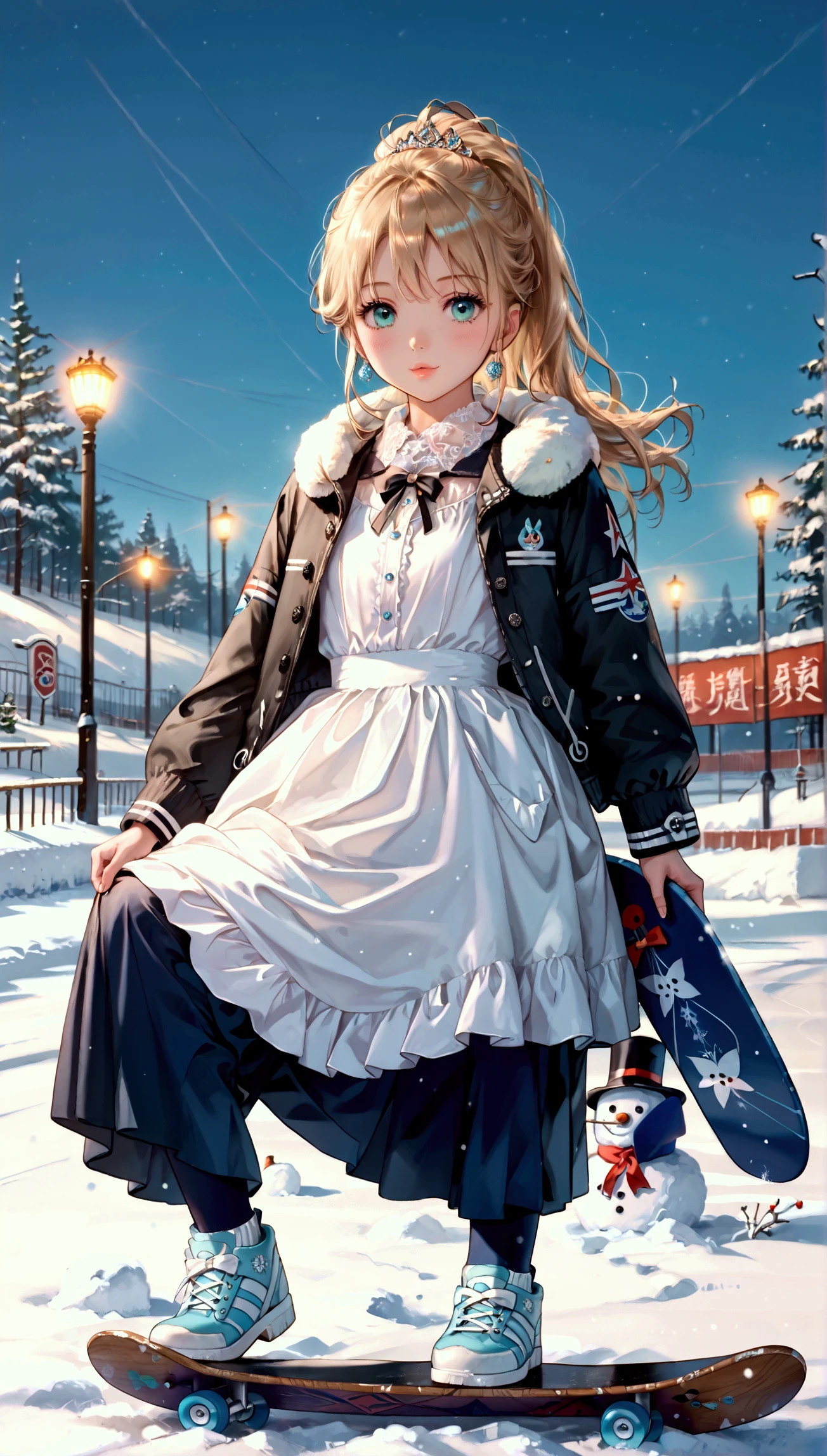 (Cute Girl), かわいいスキーウェア, (Pose while riding a snowboard), Snowman, front ponytail, aqua eyes, puckered lips, naughty, Surrealism, Cubist Futurism, anime, Expressionism, chiaroscuro, depth of field, cinematic lighting, UHD, retina, masterpiece, accurate, anatomically correct, super detail, high details, award winning, best quality, highres, 16k