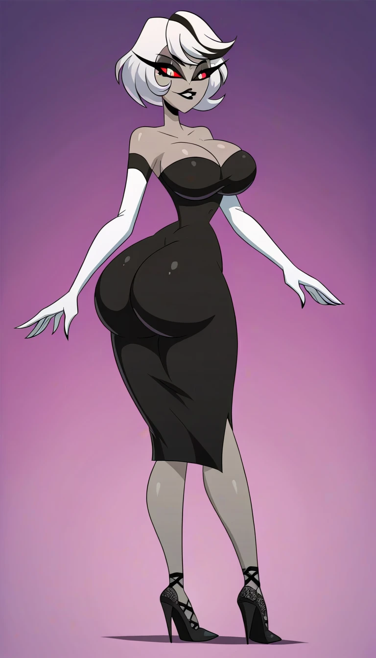 Tall, (thin), Blue Skin Twi'lek with (huge breasts) wearing an off-shoulder black dress, choker, huge breasts, cleavage, tall, graceful, (tall), slim hips, small waist, full-body shot