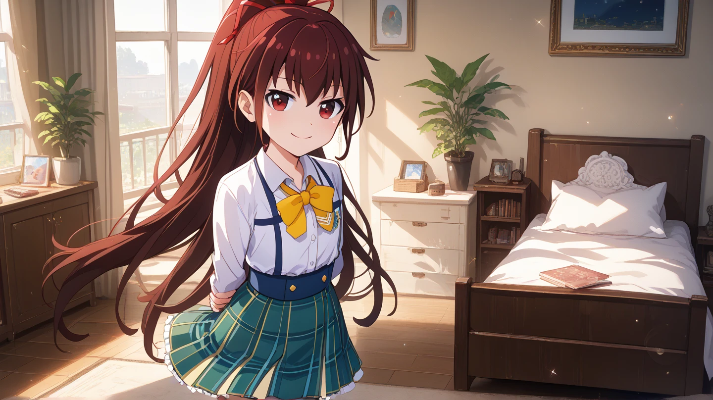 (masterpiece, best quality), highly detailed background, perfect lighting, best quality, batogayuri, solo, looking at viewer, blush, smile, brown hair, high ponytail, hair ribbon, red ribbon, hair between eyes, very long hair, red eyes, flat chest, collared shirt, white shirt, yellow bowtie, long sleeves, green skirt, plaid skirt, standing, arms behind back, bedroom, night