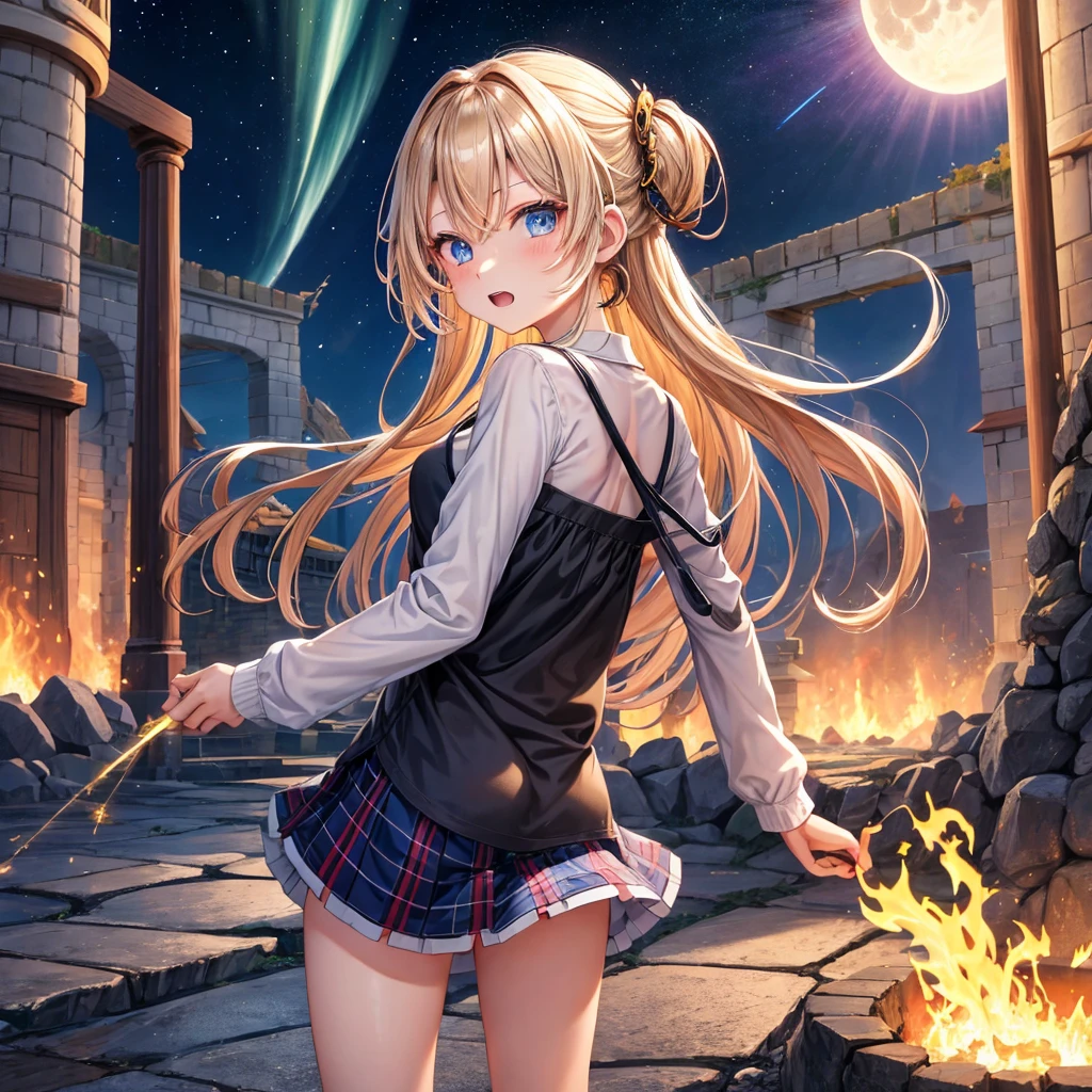 Starry eyes,（A fantastical landscape in which a geometric magic circle covers the sky), Guess face, 邪悪なsmile, From below, Sitting, Crossing your legs, Braided hair, Wearing black tights,squat, hands on knees,, (Desolate desert background) , Highest quality,((Highest quality)),((Tabletop)),((Perfect Face)),1 girl,blonde,Blue eyes,smile,beauty,((Holographic)),(masterpiece:1.2, Highest quality),(Colored Background) (Beautiful attention to detail: 1.2), (Very detailedな CG Unity 8K 壁紙, masterpiece, Highest quality, Very detailed, Best Shadow), (Detailed Background), sketch,Cinematic,Like the cover of the movie