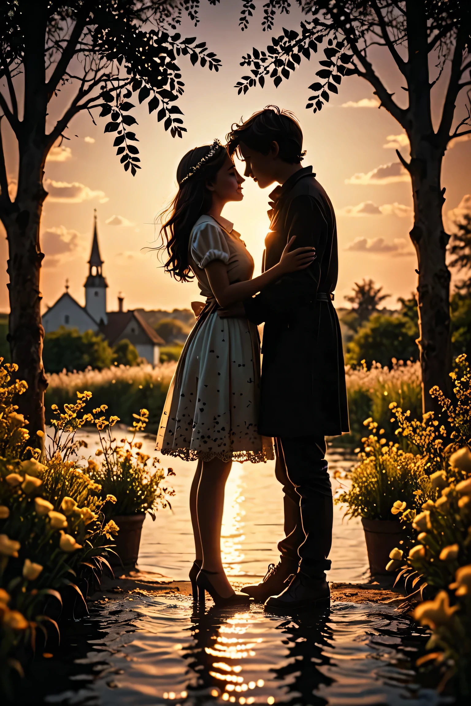 A postcard that tells of love and romance. A postcard where love is felt intensely. A girl and a boy. Only black silhouettes far away., High Resolution, Cinematic Lighting, 