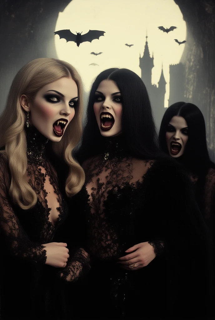 three women with vampiro makeup and fangs are laying on a bed, vampiros fantasy, vampiros, carmilla vampiro, Terror Gótico vibes, com presas, vampiro, Terror Gótico, female vampiro, estilo sombrio e de terror, vampiro fangs, woman vampiro, dark vampiro, as a vampiro, anime vampiros, dark arte de terror de fantasia, vampiro fashion, arte de terror de fantasia, vampiro portrait