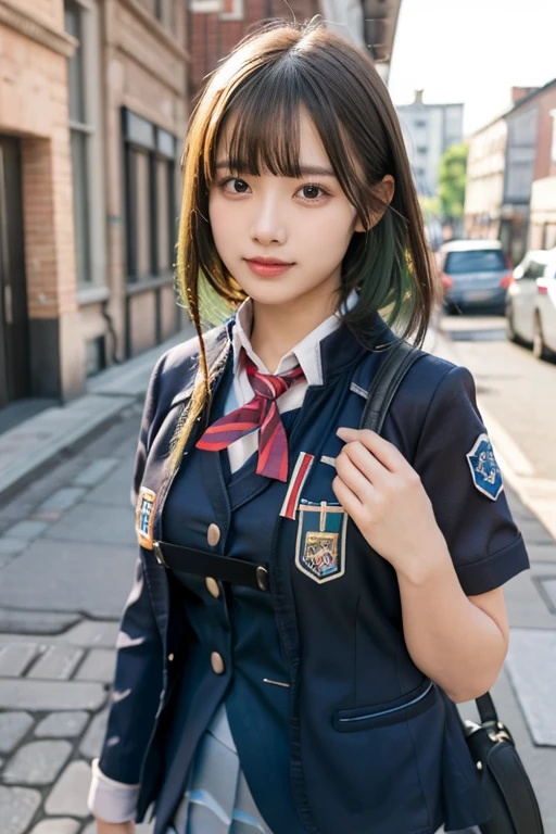 (Masterpiece,  best quality:1.3), ( ULTRA DETAIL 8k cg:1.2), (hyper realistic:1.35), ( realistic:1.4),  1 beautiful Japanese girl , ,  Supermodel ,  Japanese Idol, __Performance__, Large bust, ((( beautiful girl with a bag on her back ))), ( school uniform:1.4), ((( blazer uniform:1.5))),(((Short sleeve))),  Big Breasts,  oversized butt ,  cute face,  big eyes,  Slanted Eyes ,  thin lips,  bob hair,  medium sea green hair,  Cadet Blue Eyes ,  illustration style,  beautiful women,  boyish , ( RAW photos , Masterpiece:1.2),  ULTRA DETAIL,  超 high definition , ( realistic, photo  realistic:1.37),  portrait,  high definition RAW color pictures ,  professional photo ,  extremely delicate and beautiful,  large file size ,  Official Art,  extremely detailed ,  Extremely Detailed Face ,   Highly Detailed Eyes,  Extremely Fine Skin , Warm smile,  taken from the side, A melancholic smile, (Photorealoto realistic:1.45),  cowboy shooting, 最 High Quality , 16k,  High Quality , 4K, 8k, 最 High Quality ,  High Quality ,  more details, 超 high definition, Masterpiece, Accurate,  is anatomically correct,  Textured Skin,   high detail  ,  high definition