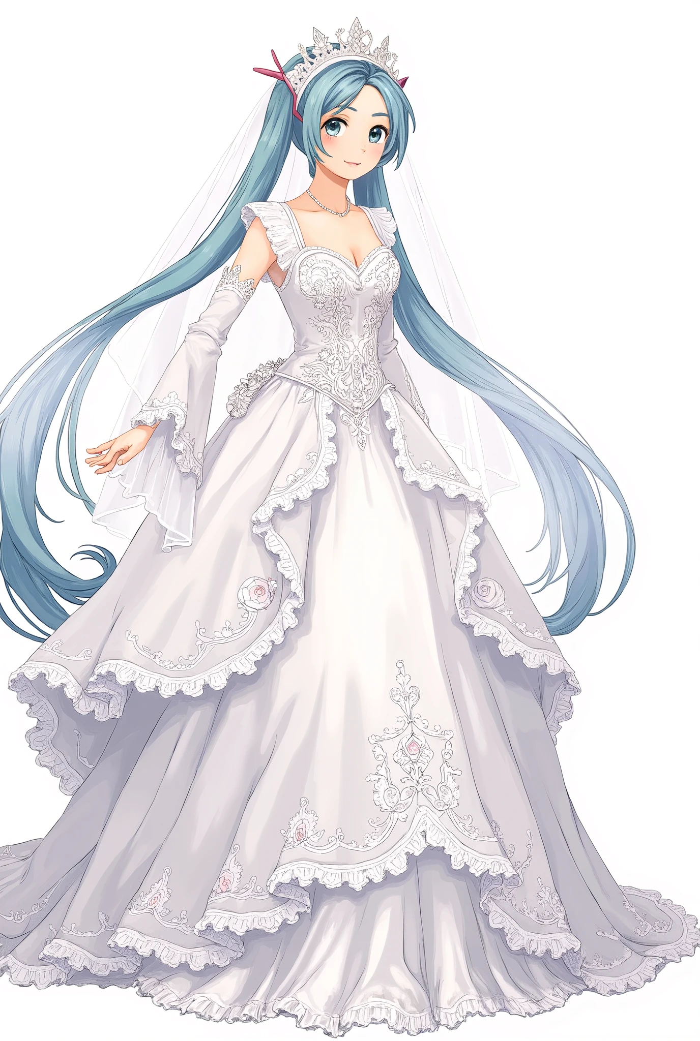 (Masterpiece、 Top Quality 、 Top Quality 、 Official Art、 beautiful beautiful:1.2)、(1 person:1.3) Hatsune Miku 、 Twin Tails, beautiful breasts, KODACHI_Nod, black hair, ponytail from below the surface,Masterpiece, best quality , detailed face , Delicate Eyes, beautiful wedding dress,Gurwitz,( bridal veil :1.5),( transparent short veil :1.5),blush,Flower head, headgear,( Tube Top Wedding Dress:1.5),(Silk dress:1.2),(Strapless wedding dress:1.5), Pure White Dress, necklace, earrings,( Big Breasts:1.3), deep V peach heart color wedding dress,bangs, lipstick,( lace gloves:1.3),whole body照, high definition RAW color art, long white dress,whole body, Bonded and Confined with Chains ,