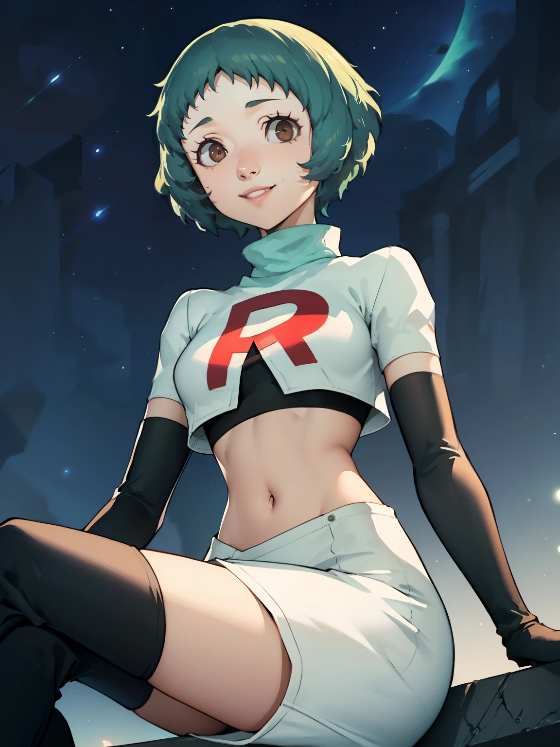 Persona3Fuuka,brown eyes,glossy lips ,team rocket uniform, red letter R, white skirt,white crop top,black thigh-high boots, black elbow gloves, evil smile, looking down on viewer, sitting down ,legs crossed, night sky background