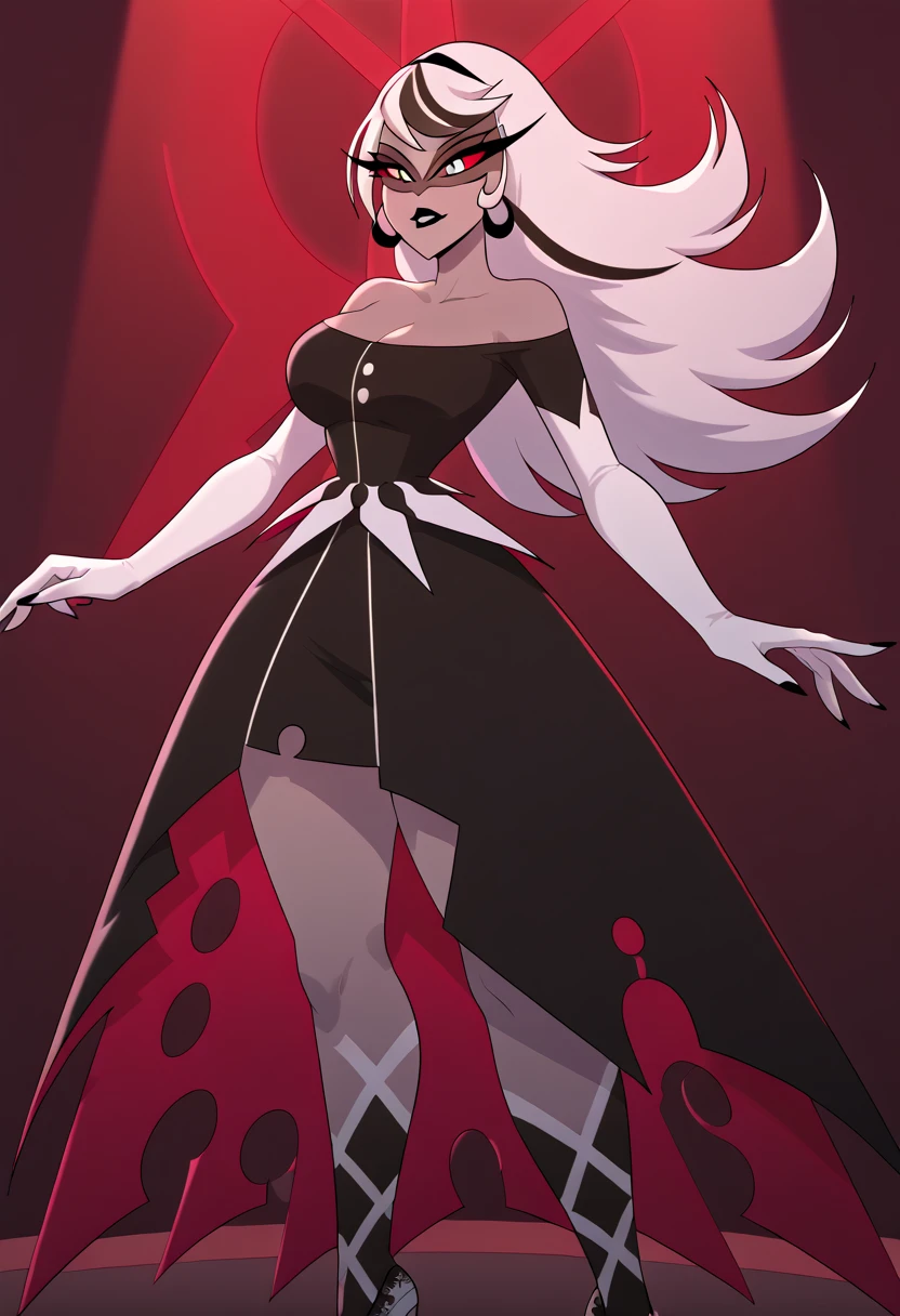 masterpiece,Carmilla_Carmine,score_9, score_8_アップ, score_7_アップ,gray skin,twin hair,Black dress,white elbow gloves, bare shoulders, lace shoes,(huge juicy breasts:1.2),breasts, has long eyelashes,dress, ,Black Lip,pigmented sclera,Red cornea,white hair,Big Breasts,wide butt, (Alone),indoor,cowboy shot,