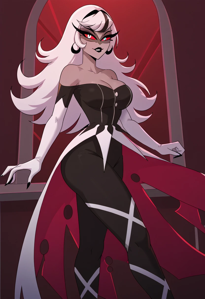 masterpiece,Carmilla_Carmine,score_9, score_8_アップ, score_7_アップ,gray skin,twin hair,Black dress,white elbow gloves, bare shoulders, lace shoes,(huge juicy breasts:1.2),breasts, has long eyelashes,dress, ,Black Lip,pigmented sclera,Red cornea,white hair,Big Breasts,wide butt, (Alone),indoor,cowboy shot,