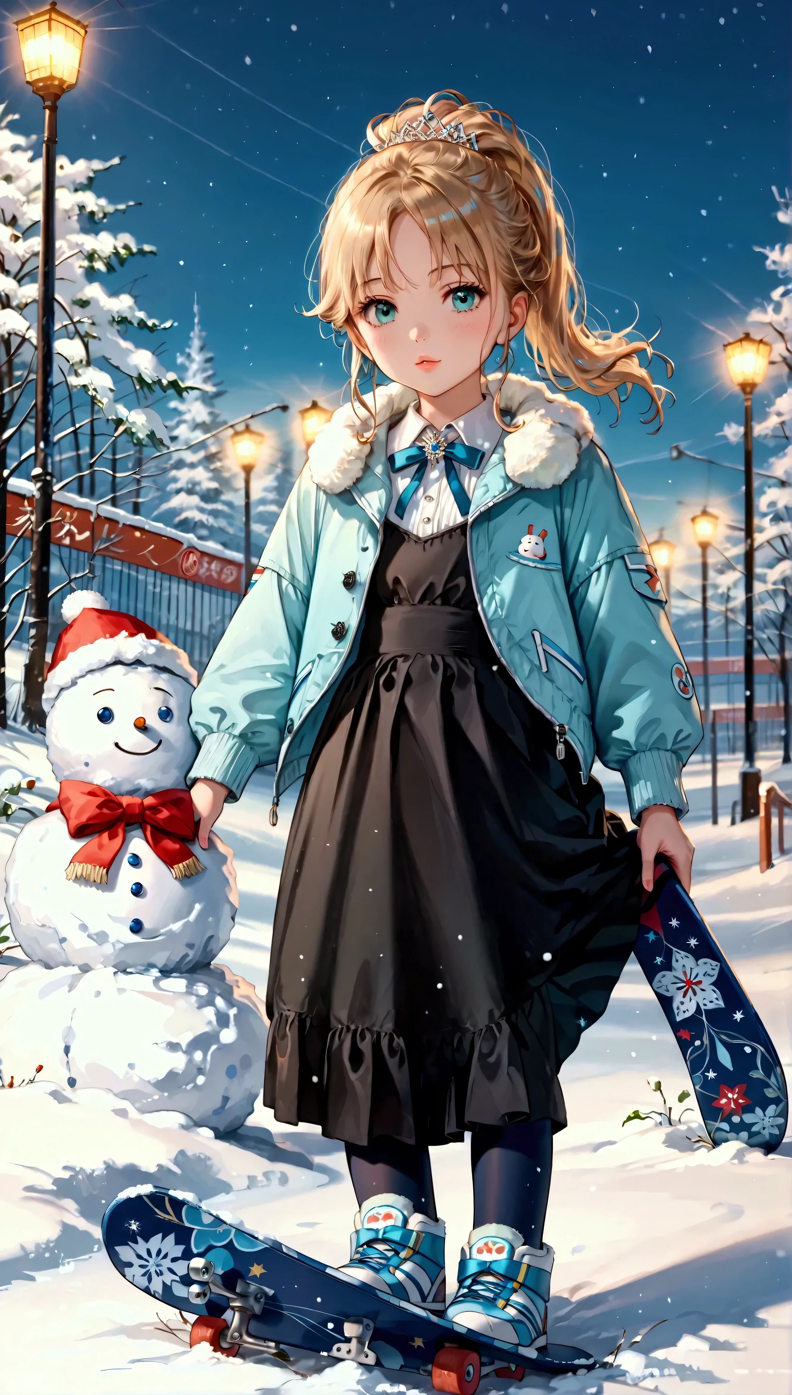 (Cute Girl), かわいいスキーウェア, (Pose while riding a snowboard), Snowman, front ponytail, aqua eyes, puckered lips, naughty, Surrealism, Cubist Futurism, anime, Expressionism, chiaroscuro, depth of field, cinematic lighting, UHD, retina, masterpiece, accurate, anatomically correct, super detail, high details, award winning, best quality, highres, 16k