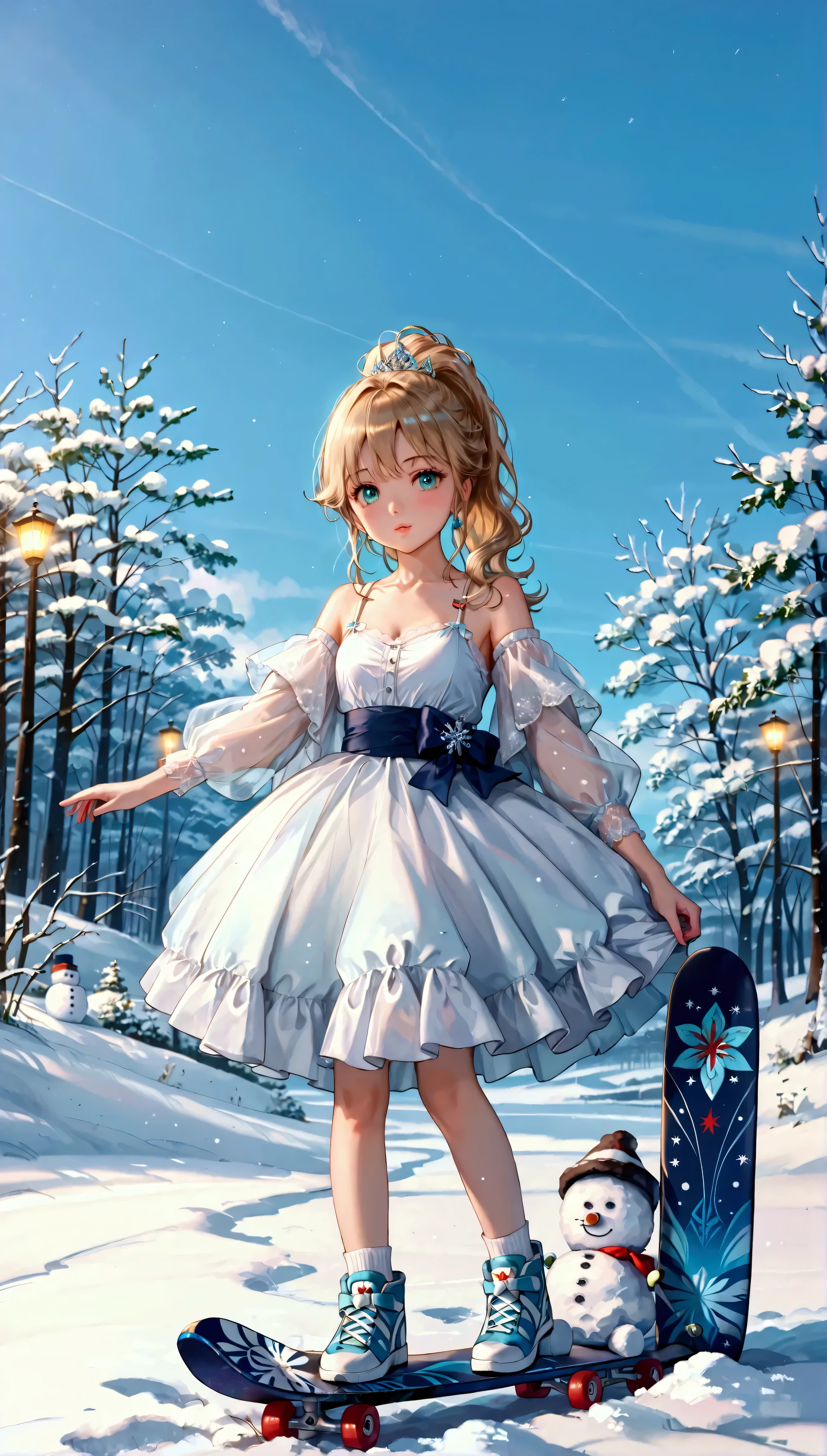 (Cute Girl), かわいいスキーウェア, (Pose while riding a snowboard), Snowman, front ponytail, aqua eyes, puckered lips, naughty, Surrealism, Cubist Futurism, anime, Expressionism, chiaroscuro, depth of field, cinematic lighting, UHD, retina, masterpiece, accurate, anatomically correct, super detail, high details, award winning, best quality, highres, 16k