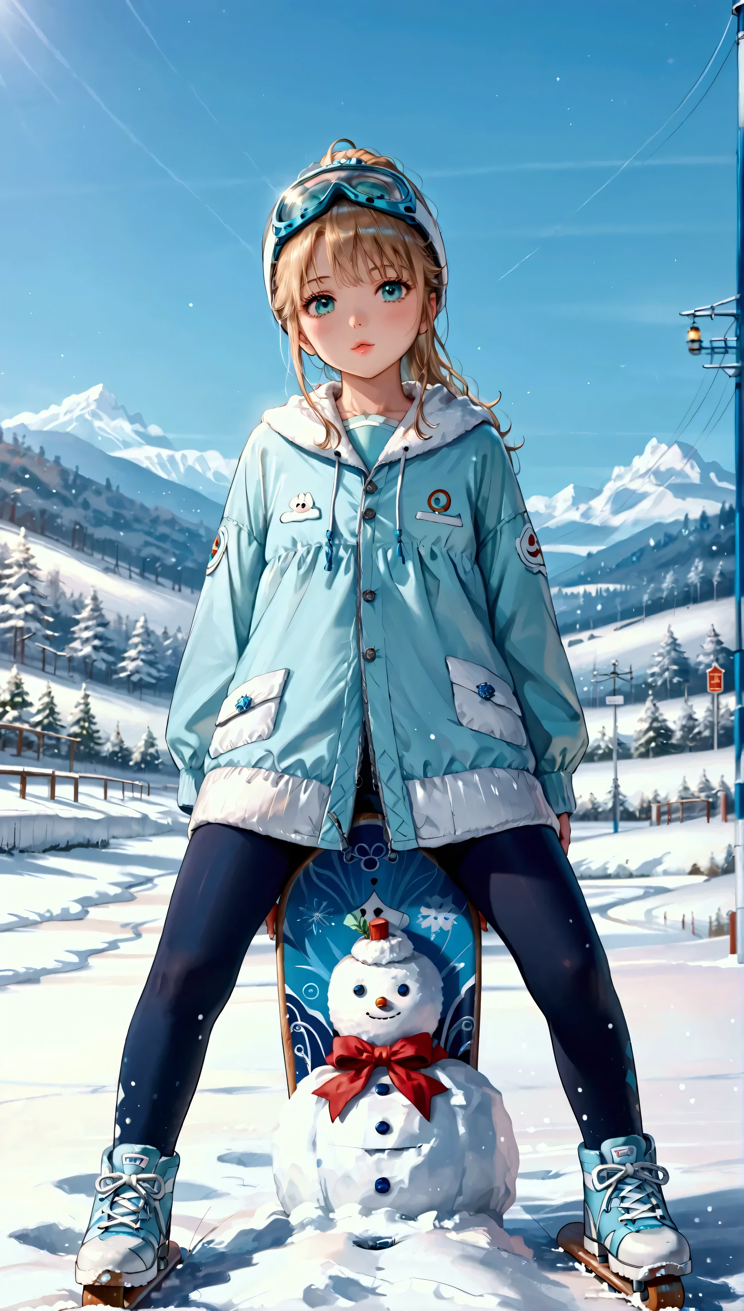 (Cute Girl), かわいいスキーウェア, (Pose while riding a snowboard), Snowman, front ponytail, aqua eyes, puckered lips, naughty, Surrealism, Cubist Futurism, anime, Expressionism, chiaroscuro, depth of field, cinematic lighting, UHD, retina, masterpiece, accurate, anatomically correct, super detail, high details, award winning, best quality, highres, 16k