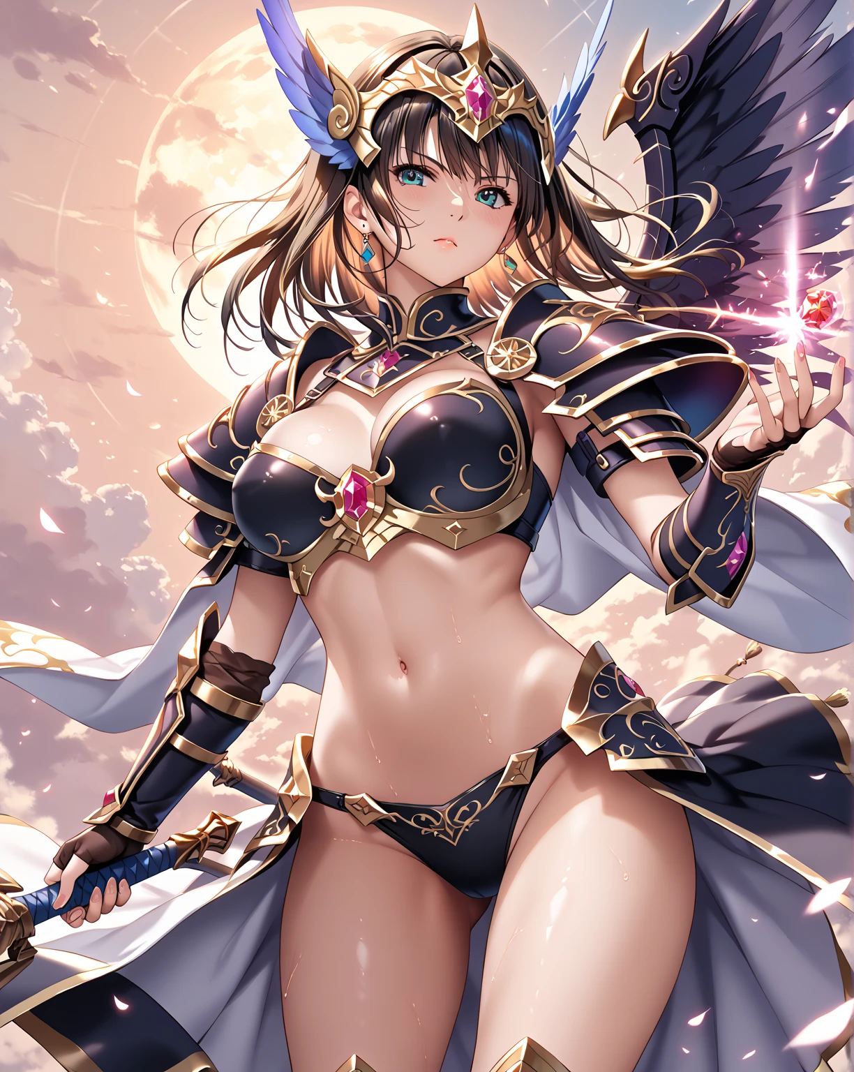 One Girl, A girl is posing for a photo, pretty girl, Enchanting girl, Beautiful Anime Girls, (((A young, short 5--old l))), 

((Black Hair, Bangs that expose the forehead:1.4, Very short back hair:1.4), (blue eyes)), BREAK 
((Gold ornament on a black background)Armor of:1.4 + belly button + (Gold ornament on a black background)Gauntlet of:1.4 + (Gold ornament on a black background)Armor ofの肩当て:1.4 + (Gold ornament on a black background)Armor ofのニーハイブーツ + red cape), BREAK (Gold headband:1.4, Wears a shield embedded with a red gem, Holding the hilt of a sword), 
((Gold hoop earrings)), 
BREAK Sensual,((Small breasts)),
BREAK 

(Beautiful Hair, Shiny Hair, Shiny Hair)), 
(Double eyelids, Long eyelashes), 
(Expression of fine eyes, Beautiful and delicate eyes, Sparkling eyes, Eye Reflexes), 
(Beautiful Nose,Thin Nose), (Human Ear), 
(Glossy Lips, Beautiful Lips, thick lips), 
(Symmetrical facial features, Perfect Face), (Beautiful breasts), (Detailed skin, Oily skin, Textured skin, Glowing Beautiful Skin), 
BREAK 

(((Embarrassed)), 
BREAK 
((Fantasy World:1.4, night + I can see the stars and the moon + Castle Garden:1.4, Facing the viewer:1.4)), ((Angle from the front, Cowboy Shot:1.4)), 
BREAK 

((Ultra-high resolution)), (((masterpiece))), (((highest quality))), ((8k)), (Attention to detail), (Beautiful sparkle), (High detail), (Anatomically correct)), 
((Realistic)), ((The best CG)), Highly detailed art, CG illustration, ((Line art)), 
