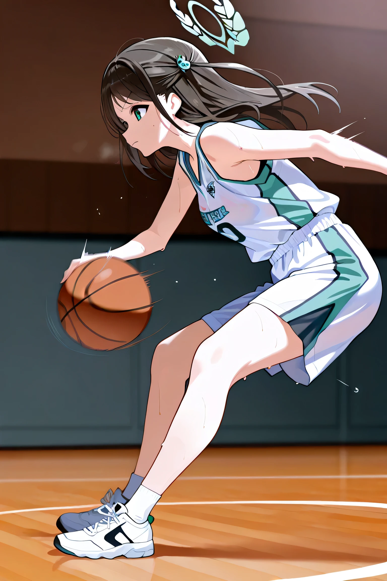 1girl, masterpiece, airi \(blue archive\),green eyes,black hair,long hair,hair ornament,halo, long legs, determined face, basketball uniform, playing basketball, shooting, sweat, from side, full body, motion blur