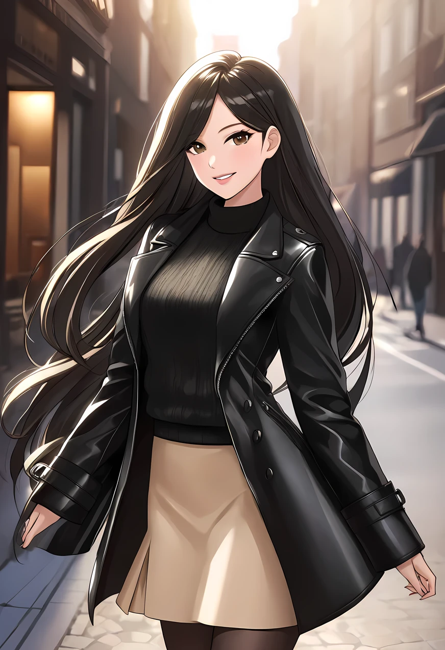 A fashionable woman wearing a sleek black leather coat, radiating elegance. Her long, glossy hair cascades down to her waist, and she wears a warm, confident smile. She pairs her outfit with a beige skirt and stylish boots, showcasing impeccable style. The background is a softly lit urban street, adding a modern yet cozy atmosphere to the scene.
