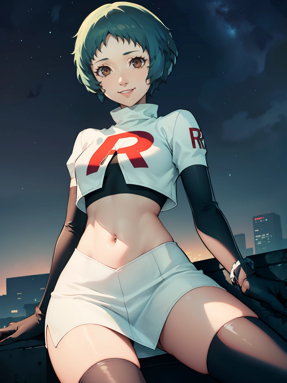 Persona3Fuuka,brown eyes,glossy lips ,team rocket uniform, red letter R, white skirt,white crop top,black thigh-high boots, black elbow gloves, evil smile, looking down on viewer, sitting down ,legs crossed, night sky background