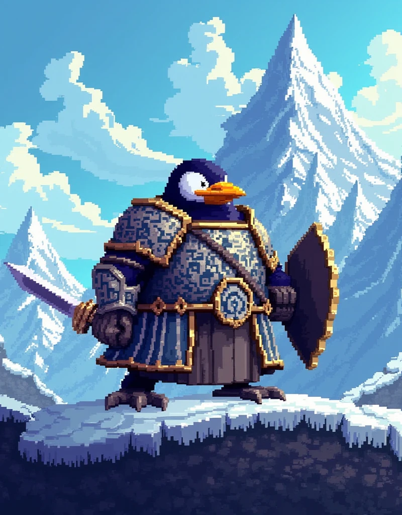 (pixel art:1.5), penguin warrior, holding sward and shield, wearing armor,(full body image:2.0),epic landscape background,sky, clouds, mountains, castlescore_9, score_8_up, score_7_up, score_6_up, score_5_up, score_4_up,