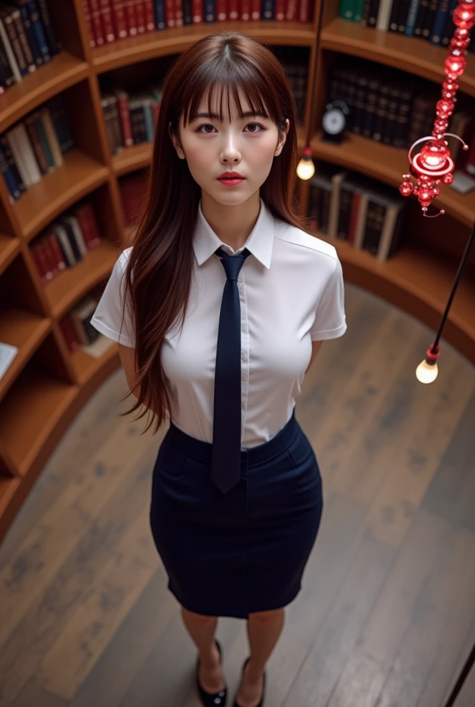 Best quality, masterpiece, super high resolution, realistic, a girl, (pretty face: 1.4), blue collar white shirt, black sweatpants (big breasts, narrow waist), long hair, in the library, bokeh, beautiful lights, shiny skin