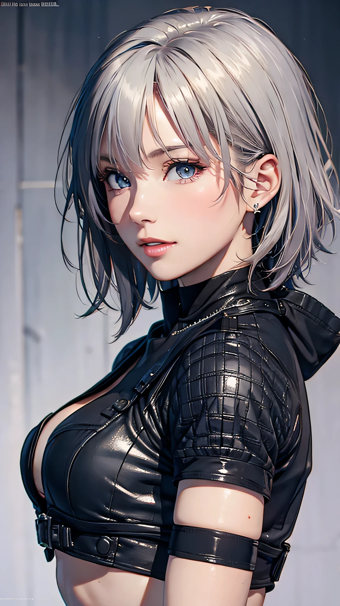 (8k, photorealistic, RAW photos , Top Quality : 1.4), ( 1 girl), super beautiful, ( Realistic Face), ( boyish , with silver belly short hair ), Beautiful Cyberpunk Suit , Seducing Viewers , beautiful expression , beautiful breasts, (realistic skin), beautiful smile, (soldier), charming, ultra high definition , super real , high definition , pampered