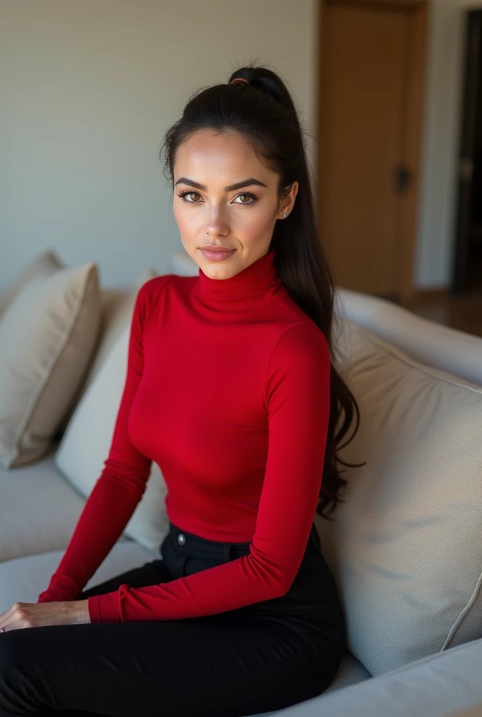 photo of a skinny very old wrinkly-faced faced mature brunette prostitute with fake eyelashes and plump-enhanced lips, messy long hair thrown into a messy bun ponytail. She wears: (turtleneck soft high ribbed bright red super tight sweater:1.1), submissive seductive pose, high tight ribbed neck, seductive smile, perfect fake tits, horny eager granny, russian pornstar wife lana roy