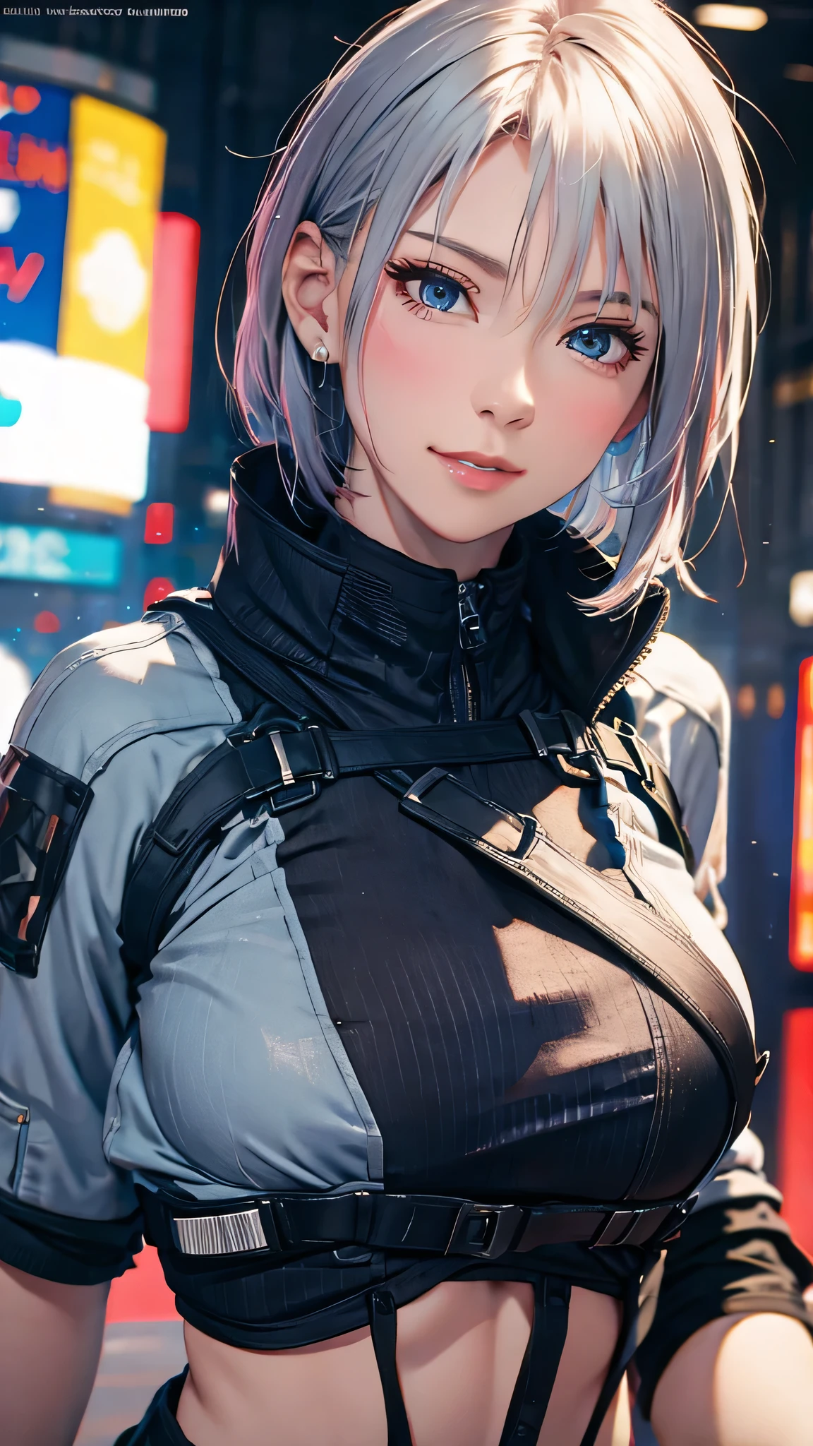(8K, Photorealistic, Raw photo, of the highest quality: 1.3), (1girl in), Super beautiful, (Realistic face), (boyish, Silver Color Berry Shorthair), Beautiful cyberpunk suit, Glare that captivates the viewer, Beautiful expression, Beautiful breasts, (Realistic skin), Beautiful...