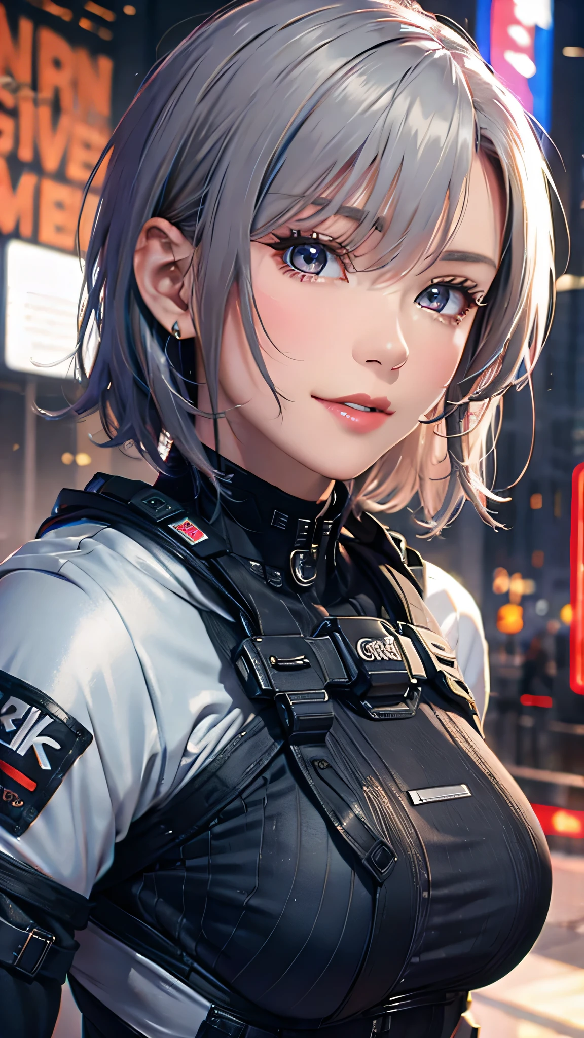 (8k, photorealistic, RAW photos , Top Quality : 1.4), ( 1 girl), super beautiful, ( Realistic Face), ( boyish , with silver belly short hair ), Beautiful Cyberpunk Suit , Seducing Viewers , beautiful expression , beautiful breasts, (realistic skin), beautiful smile, (soldier), charming, ultra high definition , super real , high definition , pampered