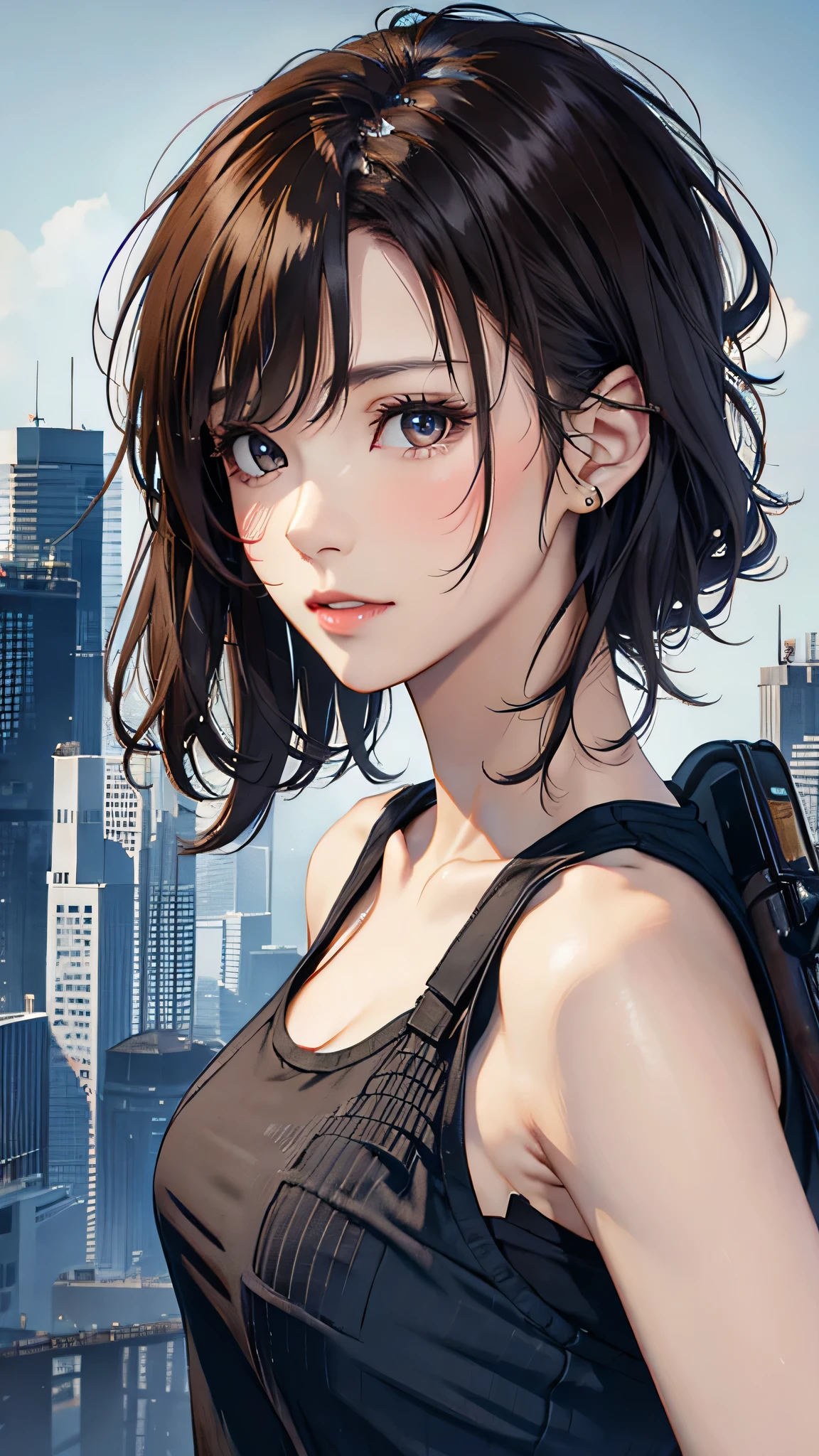 perfect composition of drapes , proper placement , Golden Ratio, portrait of a beautiful Japanese woman , Bust up shot , Female Soldier, stylish close-up , Have a handgun , Brown hair for one woman , sloppy , Damp, wavy hair, oily skin, Cool Tone Lighting :1.331, Sketchy Style :1.331, high definition , Digital Artwork , camouflage tight tank top , ruined city , Inflammation, cigarette, Dust, , steam,