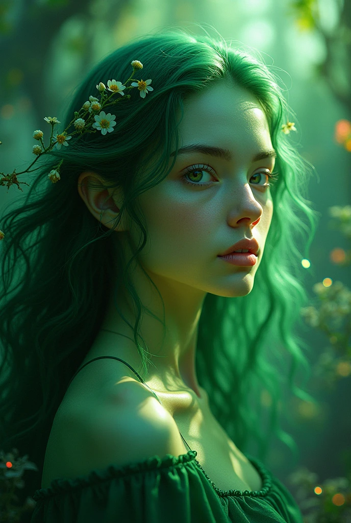 (masterpiece, top quality, best quality, official art, beautiful and aesthetic:1.2), (1girl), extreme detailed,(fractal art:1.3),colorful,highest detailed, olhos verde, cabelo verde iluminado, fundo floresta neon verde azulado.