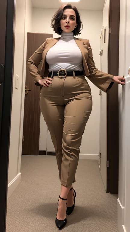 A Bolivian granny woman, bbw, fatty, chubby, plumper , cellulitis, five feet tall, 45 years old, expanded hip dips, hip dips, wide hips, medium size belly, very wide hips, Huge thights, curvy shape, pearl but , expanded hips, Short black hair,  short hair , short grey blazer ,  classic stiletto shoes, classic pumps, View of the shoes, turtle neck t shirt inside the pants, long sleeve t shirt, closed blouse, Look without buttons , palazzo pants , wide sleeves pants, large buckle belt, front body view, full body view, 8 centimeter heel pumps,  Brown hair, huge camel toe , deep camel toe ,  view from head to toe, view from below to above, Bolivian woman entering the bathroom, ((classic high heel pumps)), ((classic pumps with no strap)), standing in office, 