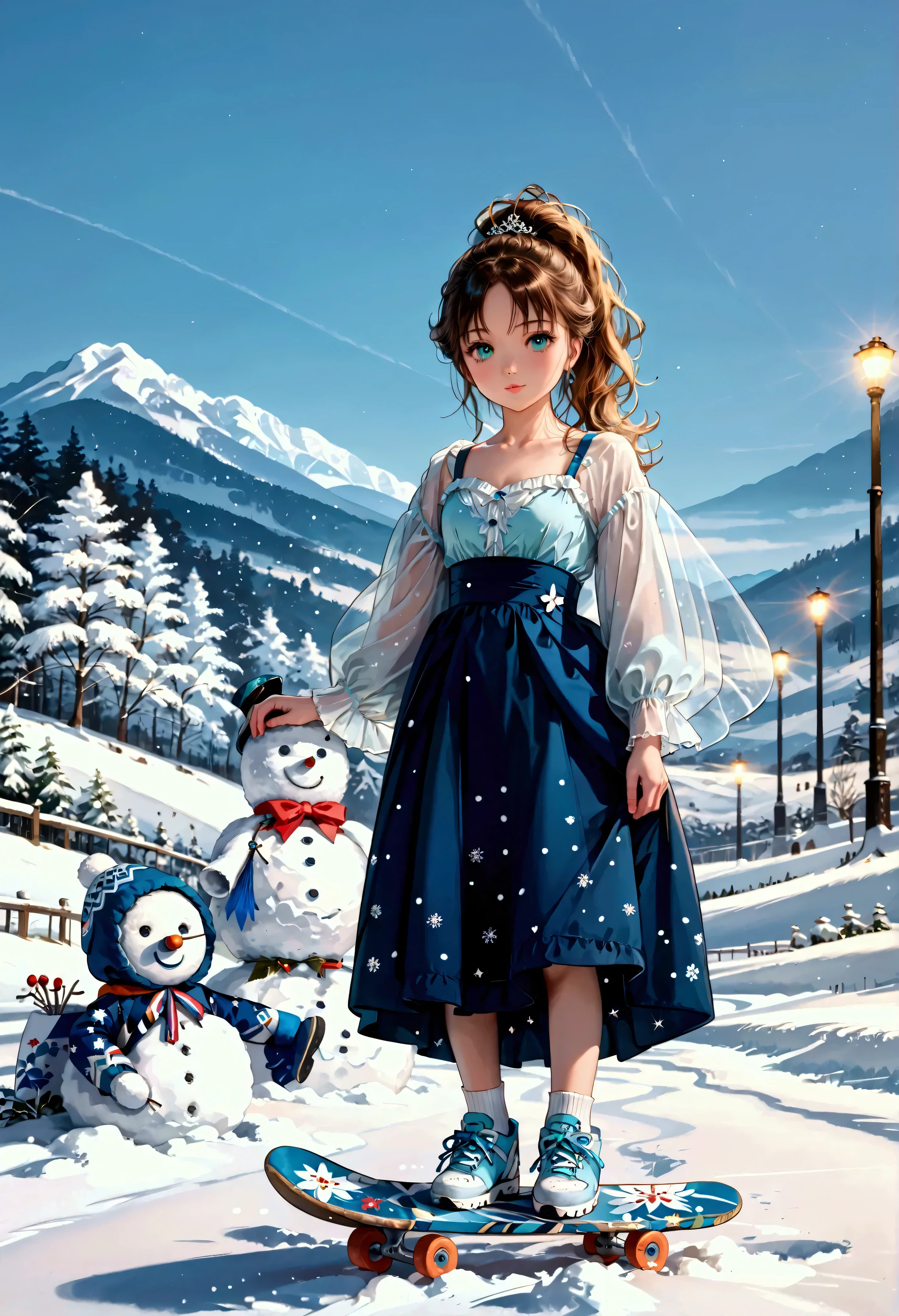 (Cute japanese Girl), cute ski wear, (Pose while riding a snowboard), Snowman, front ponytail, aqua eyes, puckered lips, naughty, Surrealism, Cubist Futurism, anime, Expressionism, chiaroscuro, depth of field, cinematic lighting, UHD, retina, masterpiece, accurate, anatomically correct, super detail, high details, award winning, best quality, highres, 16k