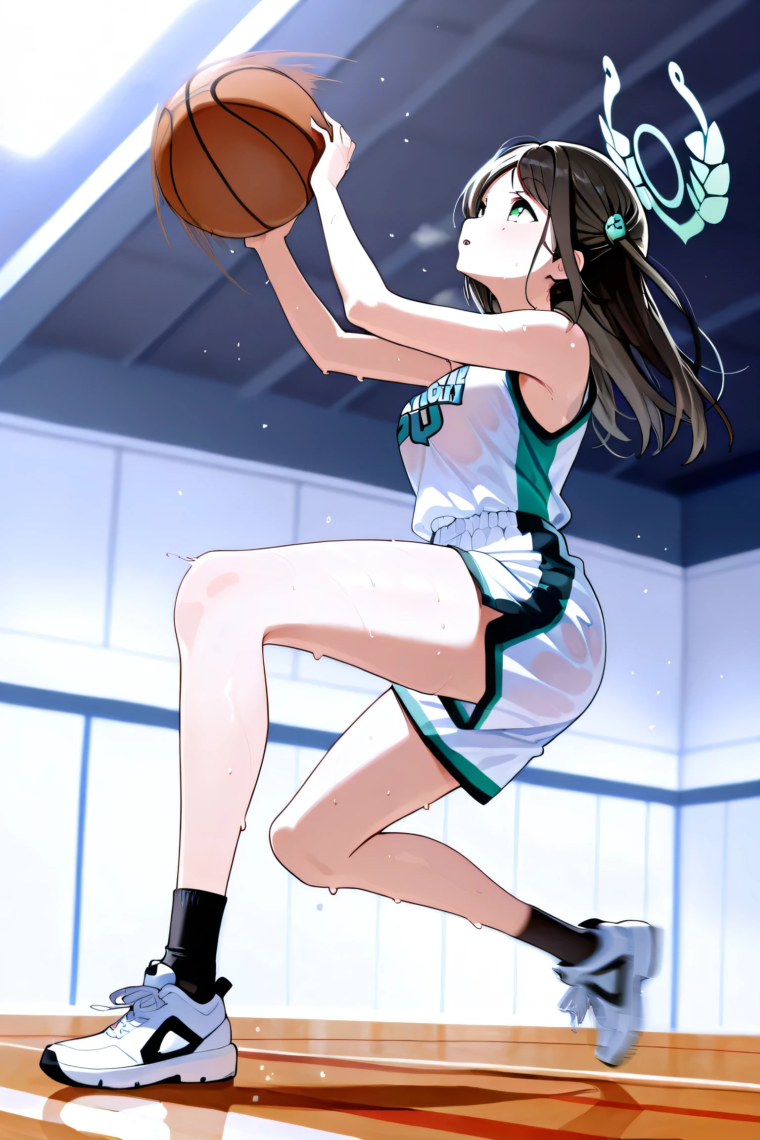 1girl, masterpiece, airi \(blue archive\),green eyes,black hair,long hair,hair ornament,halo, long legs, determined face, look up, basketball uniform, playing basketball, shooting, sweat, from side, full body, motion blur