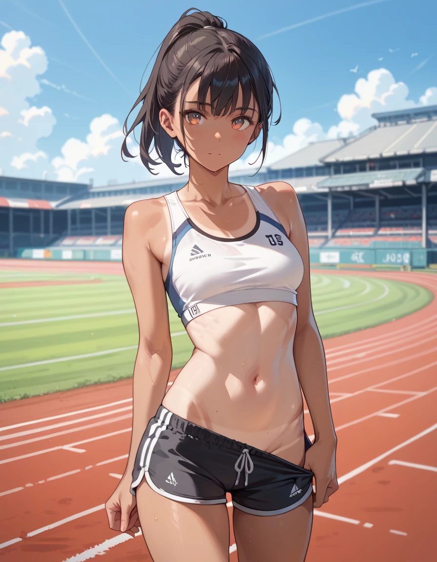 1 Beautiful ,dynamic angle,girl track and field athlete,small head,big breasts,meaty, at track and field ,(detailed beautiful face:1.4),detailed skin、Landscape、
