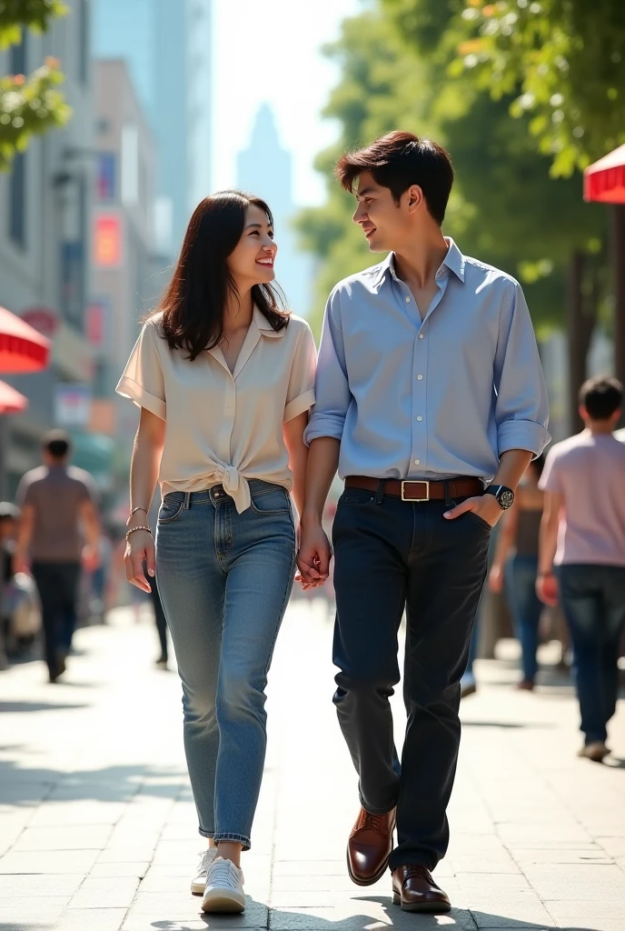 Men and women who love each other during the day，Walk the lively streets together，The woman holds the man's hand，Looks quite loving，The picture is bright，There is a sense of sweetness。