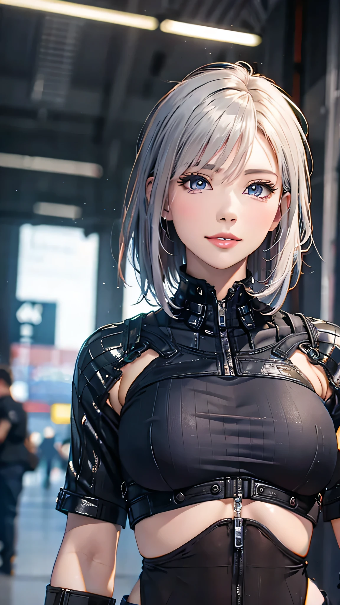 (8k, photorealistic, RAW photos , Top Quality : 1.4), ( 1 girl), super beautiful, ( Realistic Face), ( boyish , with silver belly short hair ), Beautiful Cyberpunk Suit , Seducing Viewers , beautiful expression , beautiful breasts, Big Breasts,(realistic skin), beautiful smile, (soldier), charming, ultra high definition , super real , high definition , pampered