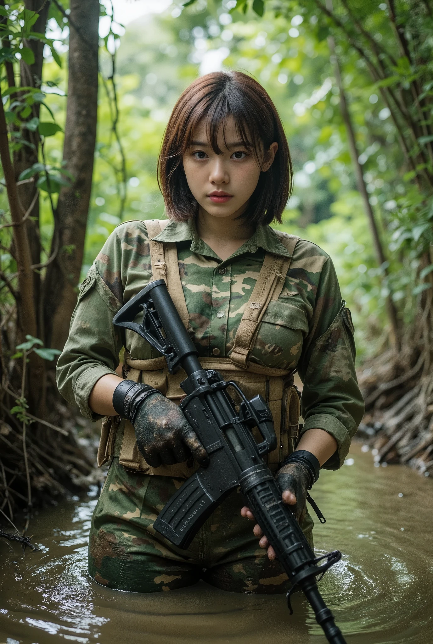 (masterpiece:1.3), (8K, Realistic, RAW Photos, Best image quality: 1.4), (((Absolutely shoulder-length brown straight short bob))), raw photo, Super realistic photograph, In this intense movie scene, a brown hair, Half Japanese and half Korean beautiful girl soldier stands knee-deep in murky jungle water, her camouflage uniform blending seamlessly with the surroundings. her piercing gaze seems to bore into the viewer as she holds her gun at the ready. The lush green foliage and tangled vines create a sense of claustrophobia, emphasizing her vulnerability amidst the treacherous terrain, Film, cleavage, short pants, One girl, alone, Big Breasts, big ass, tanned skin female, (tanned skin:1.4), Fully equipped for battle, (wearing an army soldier's Camouflage outfits with military helmet:1.5), (at a battlefield base), large breasts, (tactical vest, military harness:1.3), dynamic angle, (muddied, damaged wears, damaged body:1.4), Combat Gloves, Machine gun with strap,