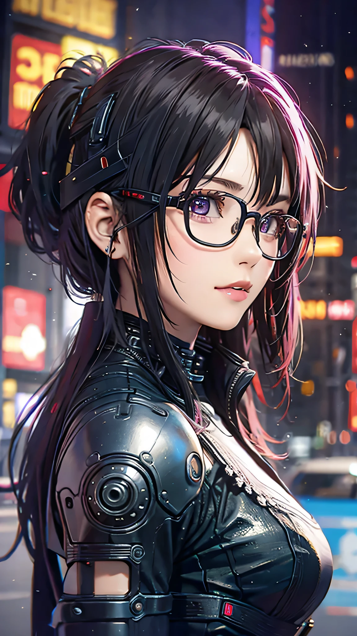 (Masterpiece, best quality ,  Details:1.2), from the side 1 girl , close-up,  intricate detail , ( cyberpunk:1.4), mechanicalアーム, Glasses,  messy hair, (glowing neon armor:1.2), mechanical,  colorful background