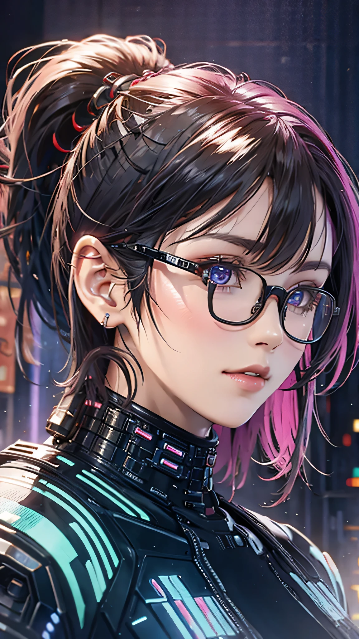 (Masterpiece, best quality ,  Details:1.2), from the side 1 girl , close-up,  intricate detail , ( cyberpunk:1.4), mechanicalアーム, Glasses,  messy hair, (glowing neon armor:1.2), mechanical,  colorful background