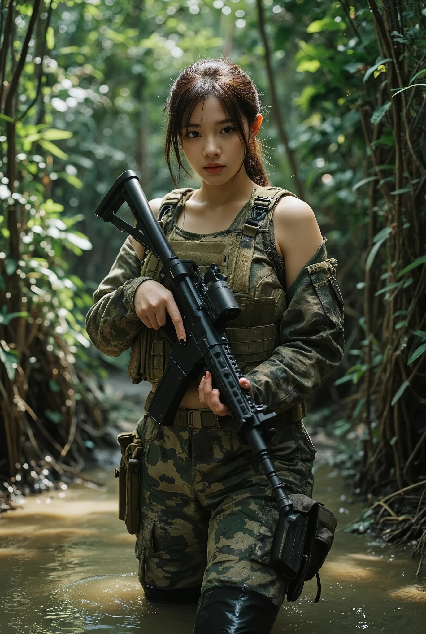 (masterpiece:1.3), (8K, Realistic, RAW Photos, Best image quality: 1.4), raw photo, Super realistic photograph, In this intense movie scene, a brown hair, Half Japanese and half Korean beautiful girl soldier stands knee-deep in murky jungle water, her camouflage uniform blending seamlessly with the surroundings. her piercing gaze seems to bore into the viewer as she holds her gun at the ready. The lush green foliage and tangled vines create a sense of claustrophobia, emphasizing her vulnerability amidst the treacherous terrain, Film, cleavage, short pants, One girl, alone, Big Breasts, big ass, tanned skin female, (tanned skin:1.4), Fully equipped for battle, (wearing an army soldier's Camouflage outfits with military helmet:1.5), (at a battlefield base), large breasts, (tactical vest, military harness:1.3), dynamic angle, (muddied, damaged wears, damaged body:1.4), Combat Gloves, Machine gun with strap,