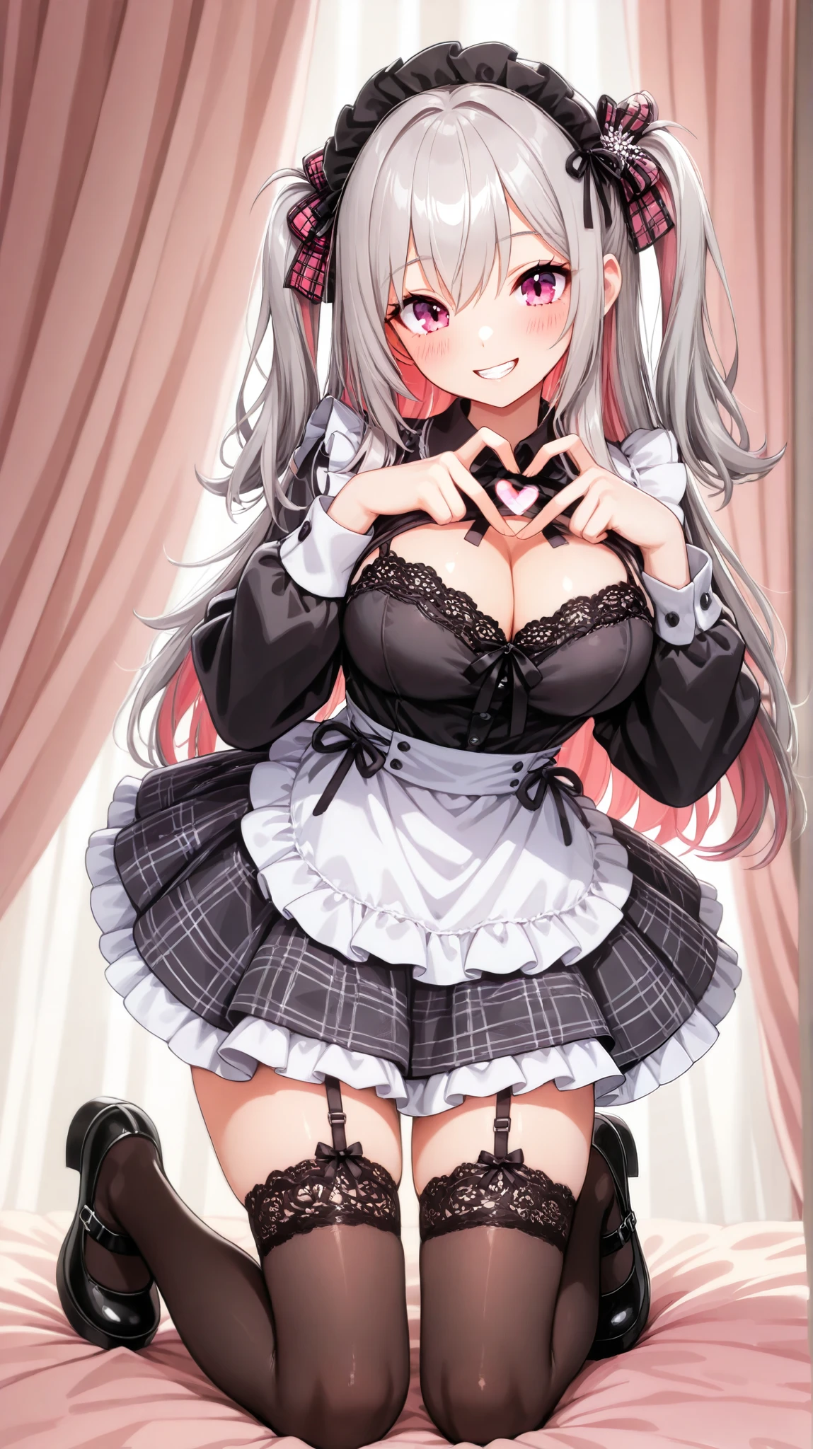 (masterpiece), (Best quality), (high resolution), (4K), (super detailed Silky skin), (beautiful detailed lips), (Dazzling eyes), ( perfect anatomy:1.2), (beautiful daughter), Alone, (large big brest), (Maid Dress), (Detailed fabric texture), (Head dress), (Tartan pattern ribbon), (detailed Lace knitting texture), (garter stockings, small ribbon, pattern), (Mary Jane Shoes), (hand heart), (idol pose), canted front angl, (whole body), long shot, (I can see her cleavage), { magenta eye :1.8}, (Eyelashes), (Thin eyebrows), (two side up hair style:1.1), (Hair Accessories), (Grey hair,multicolored hair,Magenta), (Highlighted straight Hair:1.3), (grin, blush), (Lighting: Shiny Light), looking at viewer,