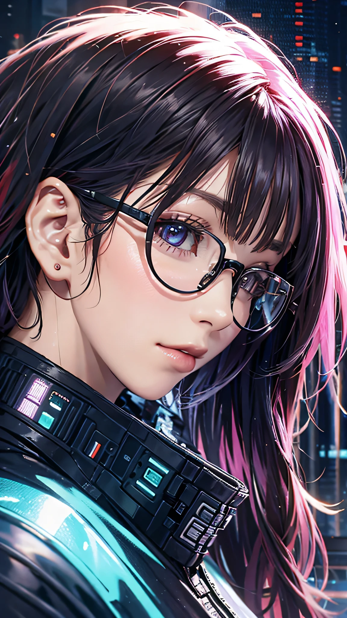 (Masterpiece, best quality ,  Details:1.2), from the side 1 girl , close-up,  intricate detail , ( cyberpunk:1.4), mechanicalアーム, Glasses,  messy hair, (glowing neon armor:1.2), mechanical,  colorful background