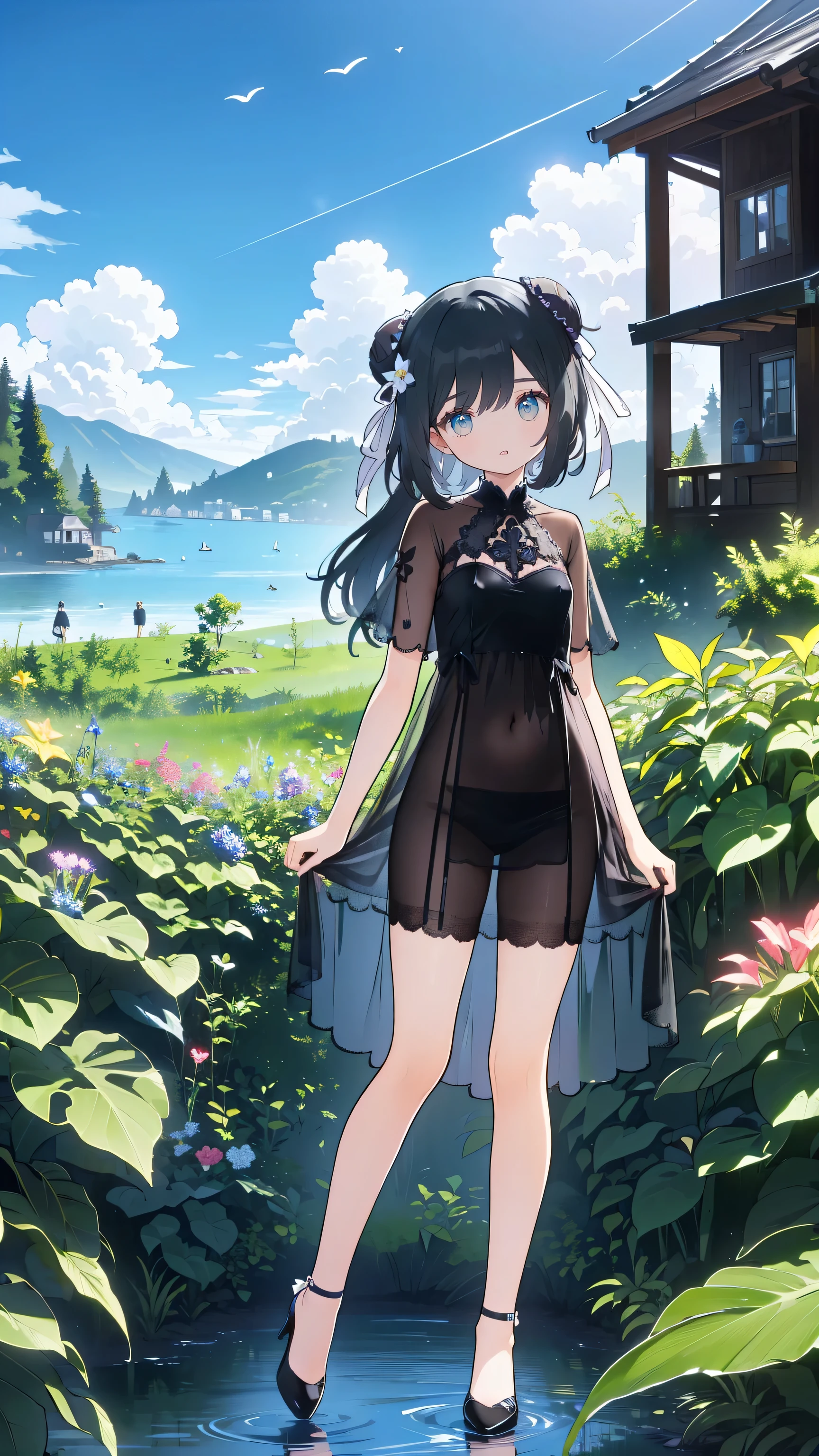 black hair,Red eyes ,Carly, adorable, Teenage Girls ,(( see-through black purple gorgeous sheer dress))), feet are high heels,Standing on the sea,Standing on the sea,whole body,Fingers and arms are not exposed,Background sea, blue sky and white clouds,, happy expression ,High quality light and shadow,Artistic Sense(( bun hair ))( very long hair ))(( dull bangs))(( Bitch))((tsurime ))(( big eyes))(( slimmer body in a building))((expensive))( blue-white skin))((Botanical print))(())((Showing nipples under shirt))((Showing her crotch under her skirt))( blue-white skin))((Botanical print))(())((nsfw))(((()))((()))((Lolita))