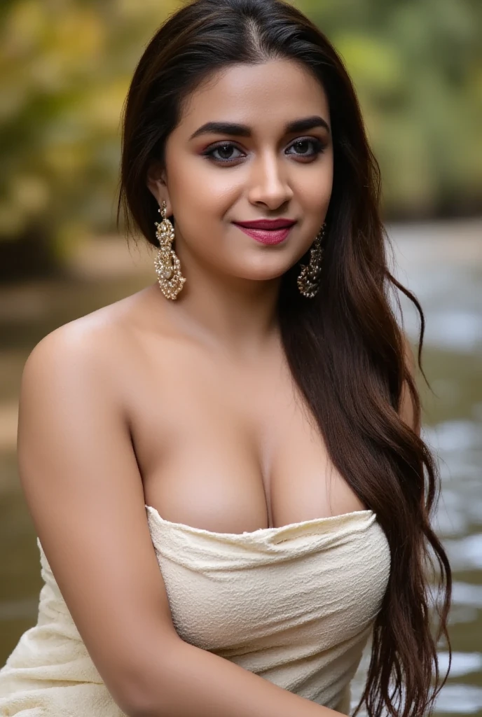 an indian girl bathing in a river in a magical forest, water droplets falling from above, beautiful detailed eyes, beautiful detailed lips, extremely detailed face, long eyelashes, nude, sensual pose, cinematic lighting, dramatic lighting, fantasy, ethereal, vibrant colors, lush foliage, detailed environment, photorealistic, 8k, high quality, masterpiece