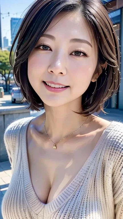 (best quality, 8k, 32k, masterpiece, ultra high definition:1.2),Photos of beautiful Japanese women, big breasts, very short bob hair,Upper body,Face focus,(extra large_sweater,:1.1) necklace, simple background, looking at the audience, lean forward,