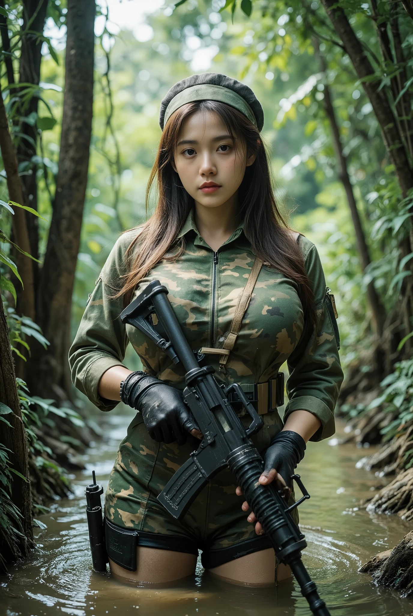 (masterpiece:1.3), (8K, Realistic, RAW Photos, Best image quality: 1.4), raw photo, Super realistic photograph, In this intense movie scene, a brown hair, Half Japanese and half Korean beautiful girl soldier stands knee-deep in murky jungle water, her camouflage uniform blending seamlessly with the surroundings. her piercing gaze seems to bore into the viewer as she holds her gun at the ready. The lush green foliage and tangled vines create a sense of claustrophobia, emphasizing her vulnerability amidst the treacherous terrain, Film, cleavage, short pants, One girl, alone, Big Breasts, big ass, tanned skin female, (tanned skin:1.4), Fully equipped for battle, ((wearing an army soldier's Camouflage outfits with military helmet:1.4)), (at a battlefield base), large breasts, (tactical vest, military harness:1.3), dynamic angle, (muddied, damaged wears, damaged body:1.4), Combat Gloves, Machine gun with strap, 