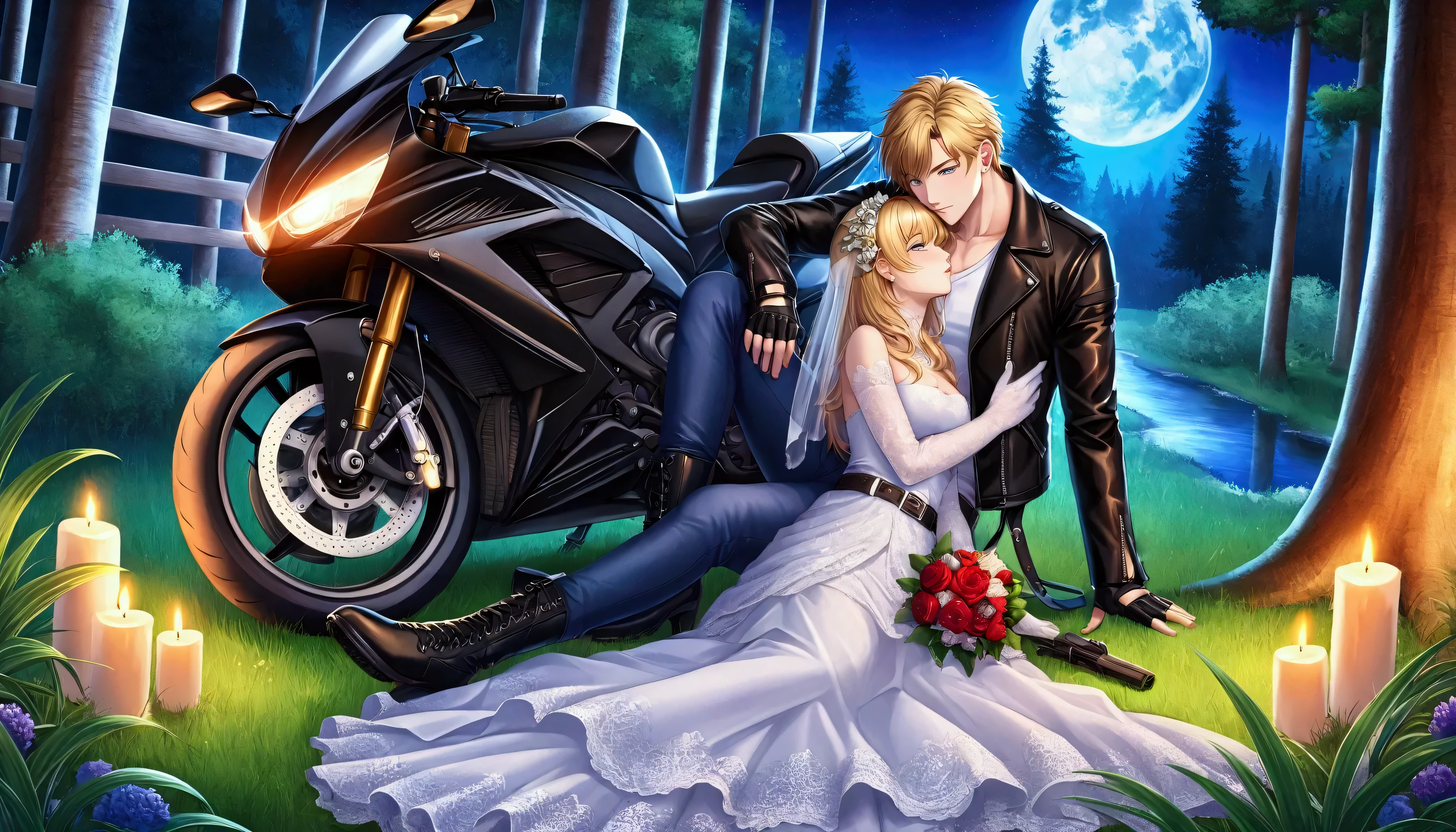 Create an image of a young man with black hair and a muscular build, wearing a white crew-neck T-shirt layered under a black leather jacket. He is dressed in blue jeans with a black leather belt, black motorcycle gloves, black combat boots, and a black thigh holster for a handgun. He is lying and embracing a blonde-haired woman wearing a white wedding dress and white high heels. They are lying together next to a black motorcycle on a grassy field beside a stream in a forest And the zipper of his pants was pulled down, revealing his erect penis. The image should be created in a detailed, colorful anime-style illustration, and the setting should be at night.
