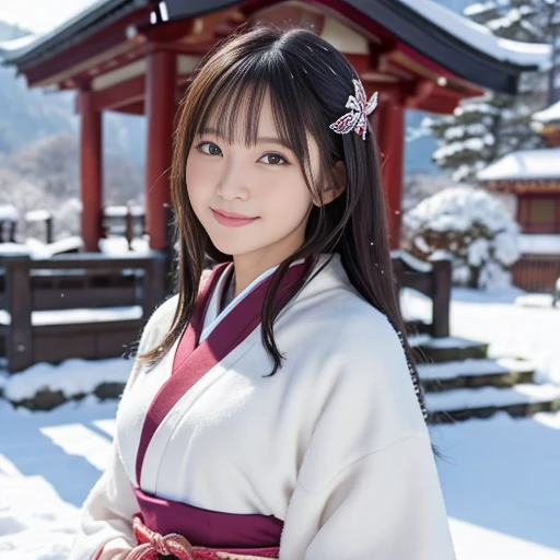 8K、Detailed Description、Very high definition、Realistic、reality的、Real、live-action、reality、High resolution、Nogizaka46、japanese idol,beautiful girl、21 years old、profile,Daytime、Snow Scene、Dark brown eyes,smile, closed mouth,red hakama,white japanese shrine maiden outfit,shurine,light smile,Shrine grounds、Shrine maiden、Shrine maidenの衣装、Mouth closed、Long Hair、Knee-up-top angle of view、Back view、look back、Very black hair、pretty girl、Beauty、Glowing Skin、Glowing Skin、Shiny Hair、Very white skin、Heavy makeup、Large Breasts、Slit eyes、Dark brown eyes、Big Eyes、Double eyelids、Don't show your teeth、こちらを見てsmile、clear、smile、smile、smile、laugh