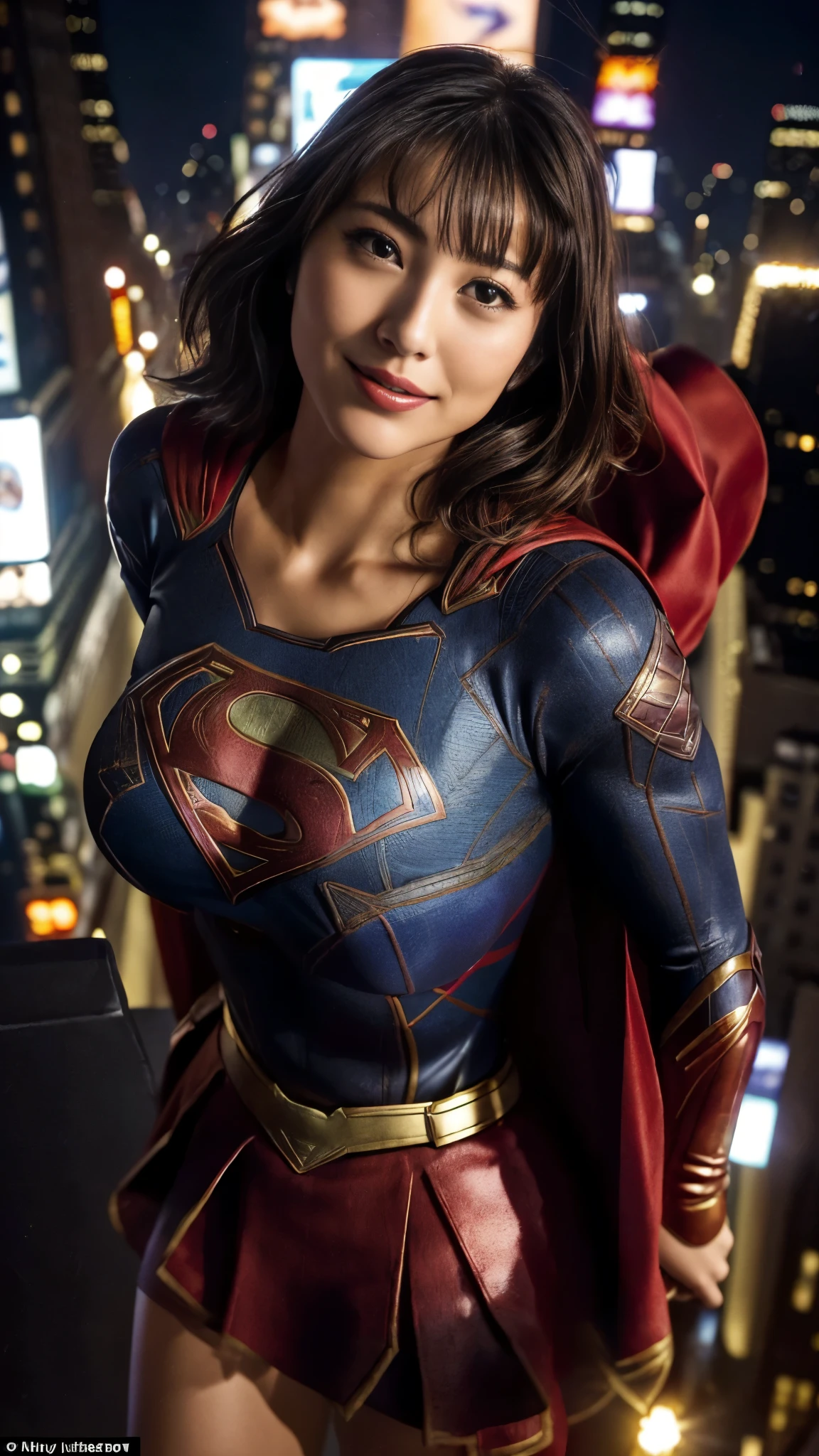 best quality , realistic, photo realistic, 1 award-winning portrait , ( intricate detail : 1.2), (Subtle details), ( intricate detail ), ( cinematic professional lighting ), (Soft and bright contrast ), One Mature Woman , well-groomed, delicate medium hair , (supergirl), ( Supergirl), ((彼女は Supergirlのコスチュームを着ている)), (( Supergirlのコスチュームは2015年の Supergirlのコスチュームを詳細で正確に再現された特殊なラバー素材で作られている)), (( has a Superman S-shaped emblem on her chest )), (( Red Cape Fluttering in the Wind :1.3)), Bouncy Boobs , ( has round breasts so big that they stick out of her body:1.6), ( nipples that show shape even when wearing a costume :1.3), ( tight waist with abs ), (Big Round Ass), (A well-balanced, smart and attractive body line for the whole body), ( look at me and smile), (I'm flying over Bill Street with my arms extended powerfully straight over my head:1.3), (Far above Times Square in New York at night :1.5), ( background looking down at Times Square in New York at night), (( accurate anatomically consistent portrait :1.3)), ((full shot portrait showing her whole body)), ((日本の女優の浜辺美波が演じる Supergirl))