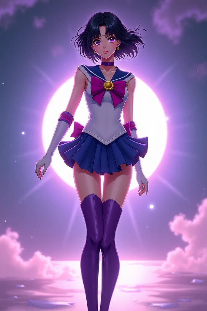 {{{{amazing quality, great quality, high quality, very aesthetic, aesthetic, best quality}}}},
realistic, photo, shadow, Three-dimensional, absurdres, Digital art,
black hair, short hair, trimmed hair, shiny hair, blunt bangs, short sideburns,
{{flat chest}}, {{small breasts}}, {{detailed body}}, slim thighs, thin thighs, tareme,
{{{{sailor saturn}}}}, {sailor senshi uniform}, 8 years old,
smile, big eyes, both shoulders expose, covered navel
purple sailor collar, purple skirt, white elbow gloves, purple boots, purple choker, circlet, jewelry,
beautiful girl, {one girl}, cute, pretty, lovely, charming, teenage, cute, pretty, lovely, charming, kawaii,
dynamic composition,