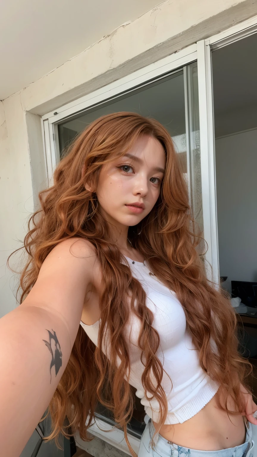 um close up de uma mulher com longos cabelos ruivos e uma camisa branca, Belo Thorne, ela tem cabelos longos e redorange, she has messy hair, longos cabelos ondulados laranja, com cabelos ruivos cacheados, cabelo laranja longo, pele laranja e cabelo ardente longo, Ellie Bamber Fada, cabelo como fogo, longos cabelos ruivos soltos, Cores brilhantes, ela tem cabelos ruivos