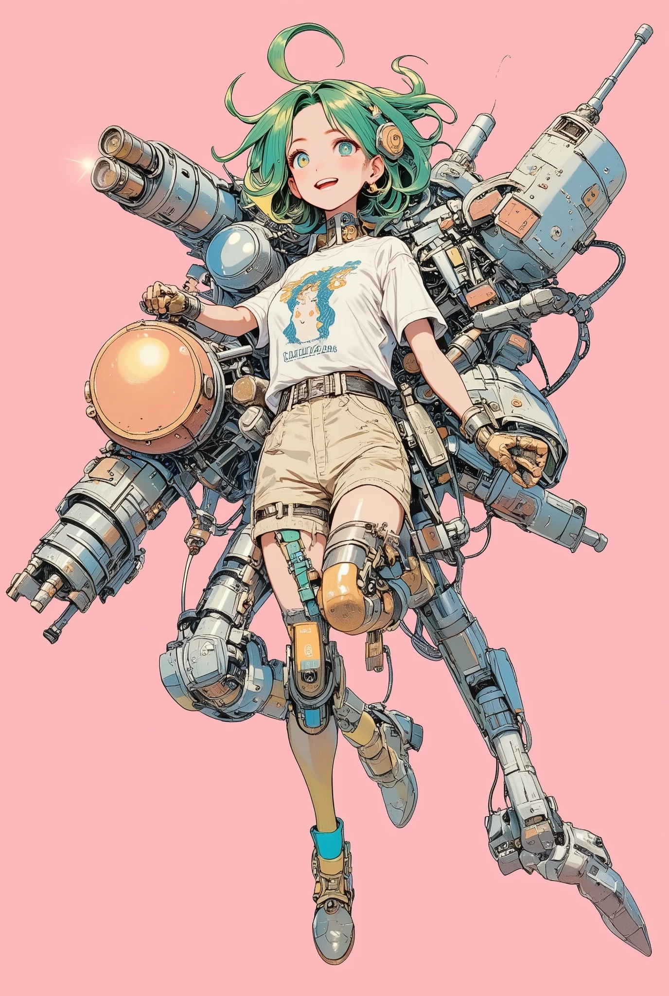 Mechanical Hair Ornament, full-length portrait or statue, Girl with heavy machine on her back, Abatomically Correct, Girl wearing knickerbockers on android legs, full body, Shirt with penguin illustration, Pink Almond Background, Pink Background, Peacock Green Hair, Girl equipped with Rocket Launcher, Masterpiece, The moment the girl is about to kick the ground and fly, Woman with android-like legs, Tachi-e, High Resolution, Character Design, Ahoge, Super Detailed, Modern, Bright Pupils, Earrings, Asymmetrical Hair, Solo, 1girl, Gradient Hair, Very Pretty Lady, Open Mouth, Flexible and Very Nice Body, Smile, Green Hair, Action Painting, Multicolored Eyes, Raised Eyebrows, Colored Eyelashes, Pupils Sparkling, Naughty