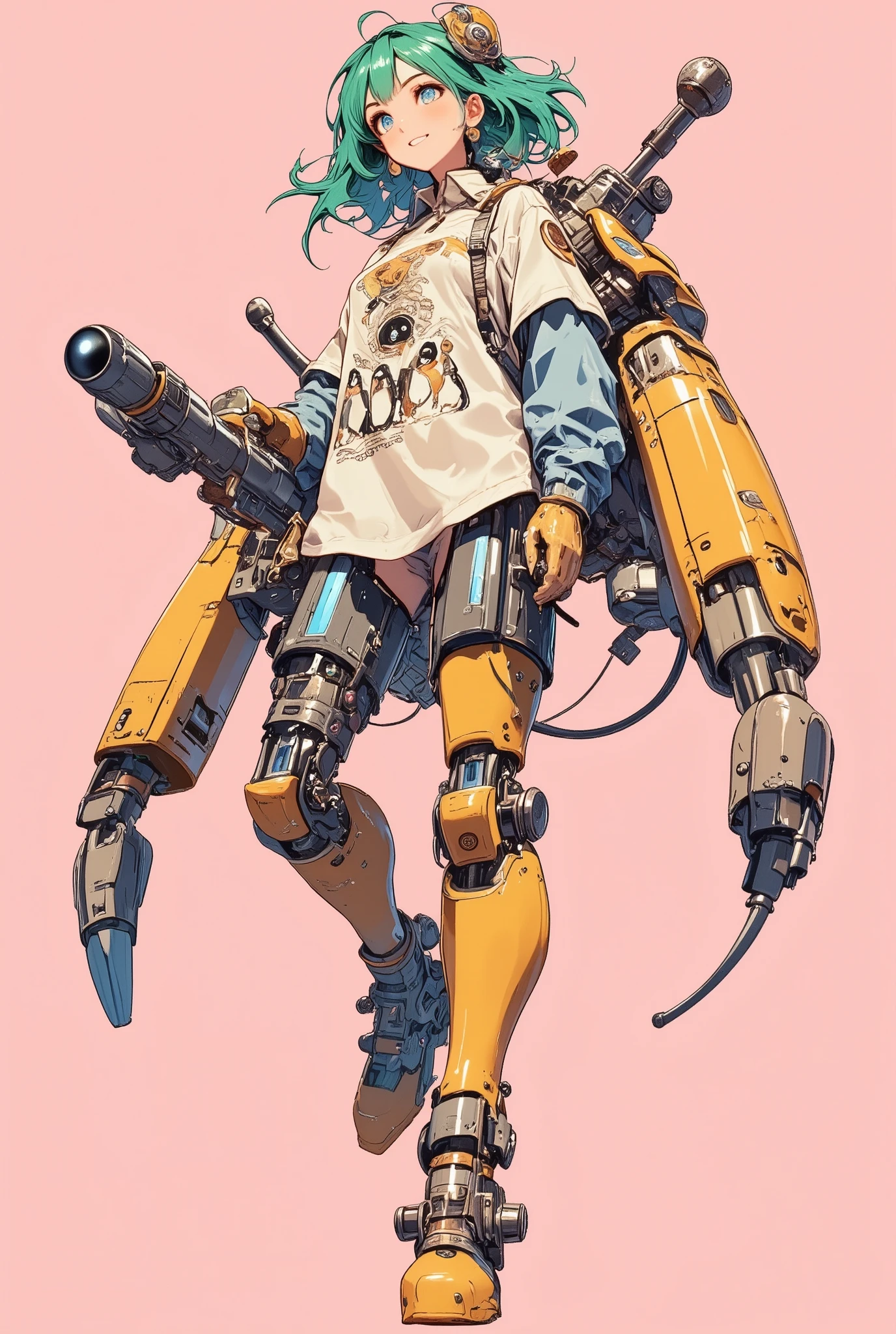 Mechanical Hair Ornament, full-length portrait or statue, Girl with heavy machine on her back, Abatomically Correct, Girl wearing knickerbockers on android legs, full body, Shirt with penguin illustration, Pink Almond Background, Pink Background, Peacock Green Hair, Girl equipped with Rocket Launcher, Masterpiece, The moment the girl is about to kick the ground and fly, Woman with android-like legs, Tachi-e, High Resolution, Character Design, Ahoge, Super Detailed, Modern, Bright Pupils, Earrings, Asymmetrical Hair, Solo, 1girl, Gradient Hair, Very Pretty Lady, Open Mouth, Flexible and Very Nice Body, Smile, Green Hair, Action Painting, Multicolored Eyes, Raised Eyebrows, Colored Eyelashes, Pupils Sparkling, Naughty